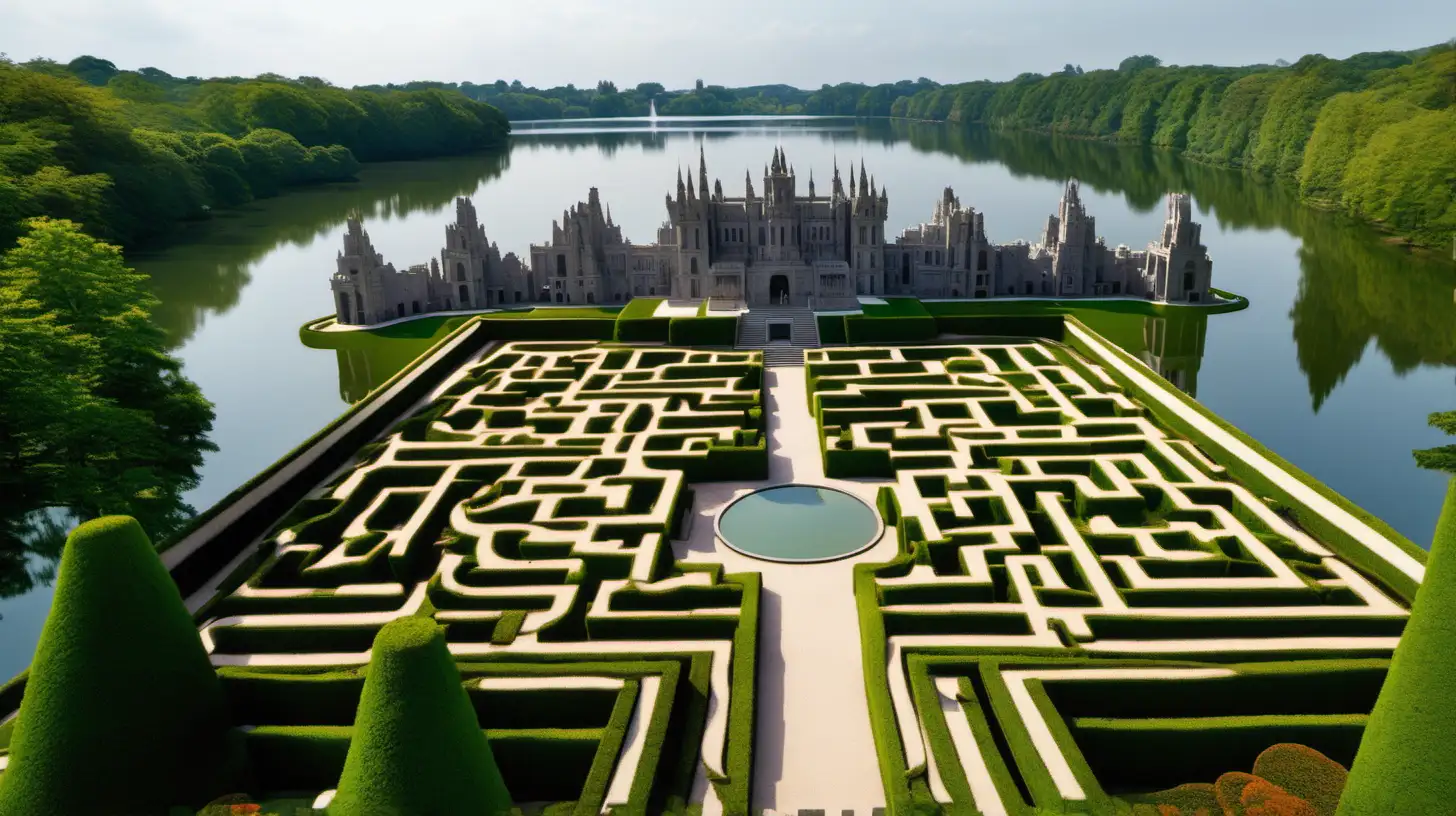 Majestic Temple Castle Surrounded by Lush Maze Gardens and Tranquil Lake