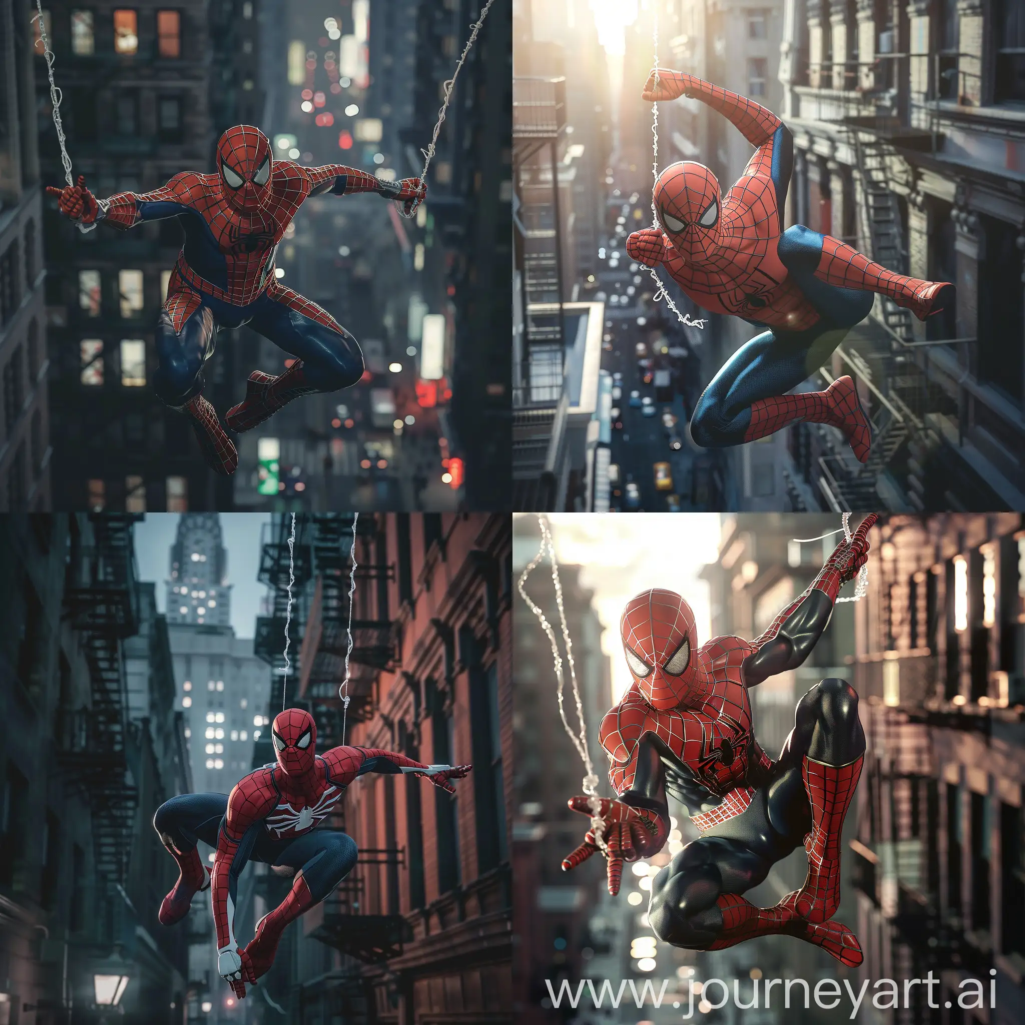 spiderman swinging between buildings, hd, detailed, lighting