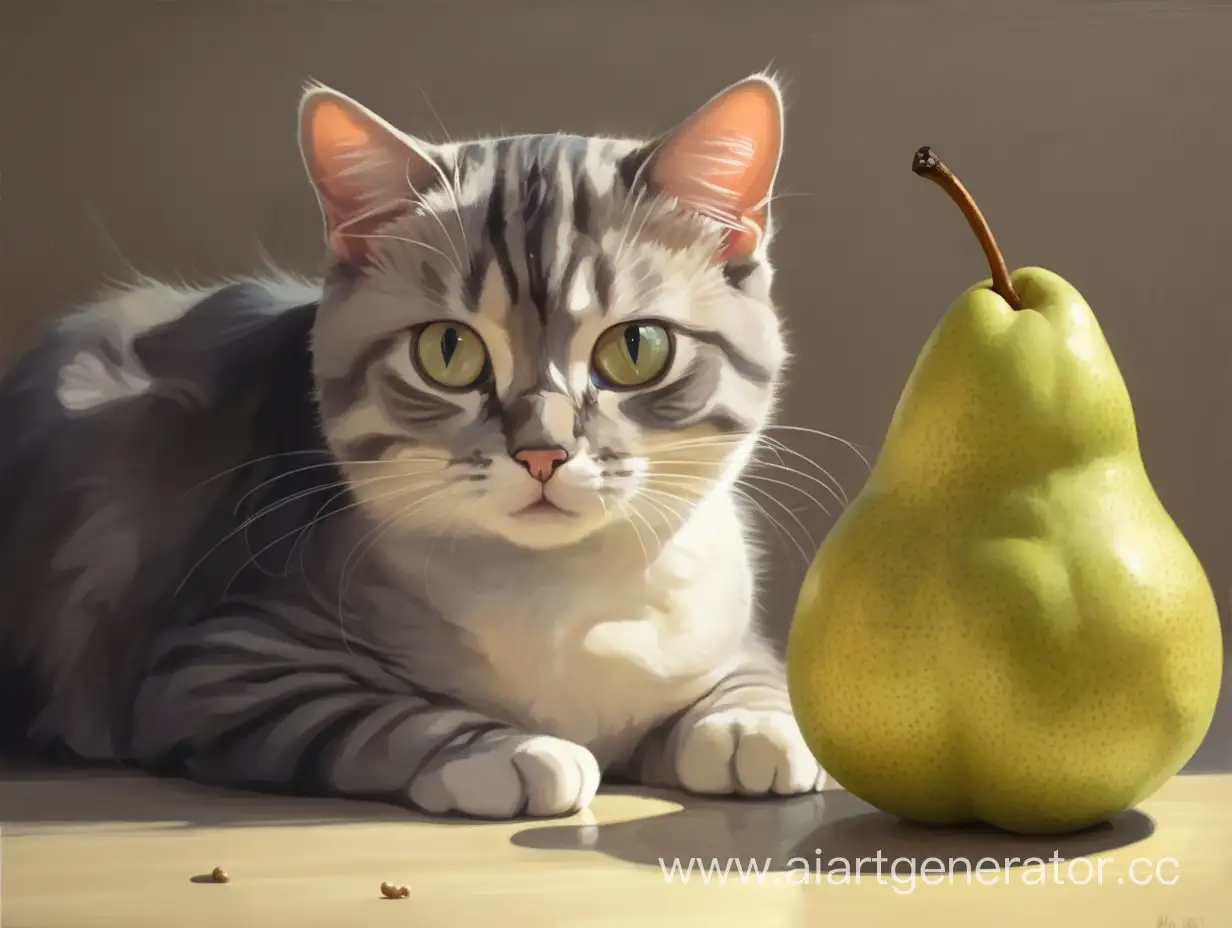 Playful-Cat-with-a-Pear-in-Sunlit-Ambiance