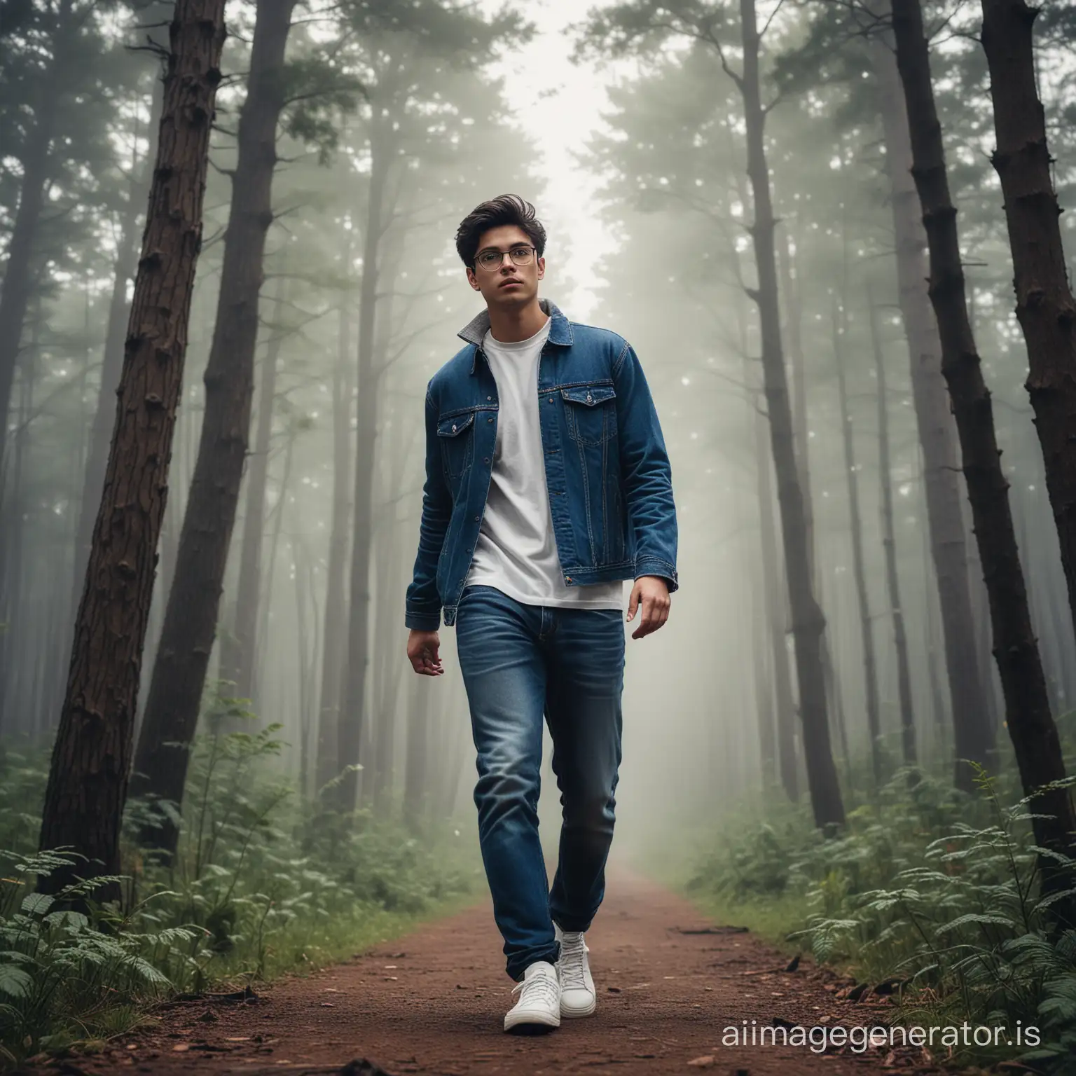 Handsome-20YearOld-Man-in-Denim-and-White-Sneakers-Strolling-Through-Misty-Forest