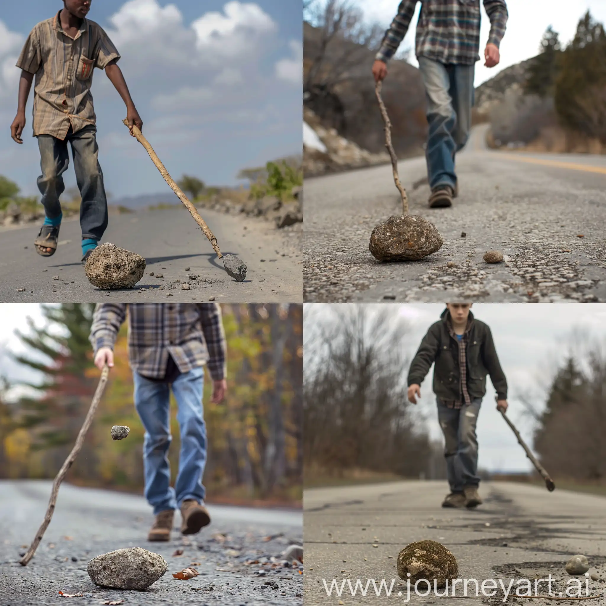 A young man walking on a road carrying a stick in his hand finds a medium-sized rock in front of him