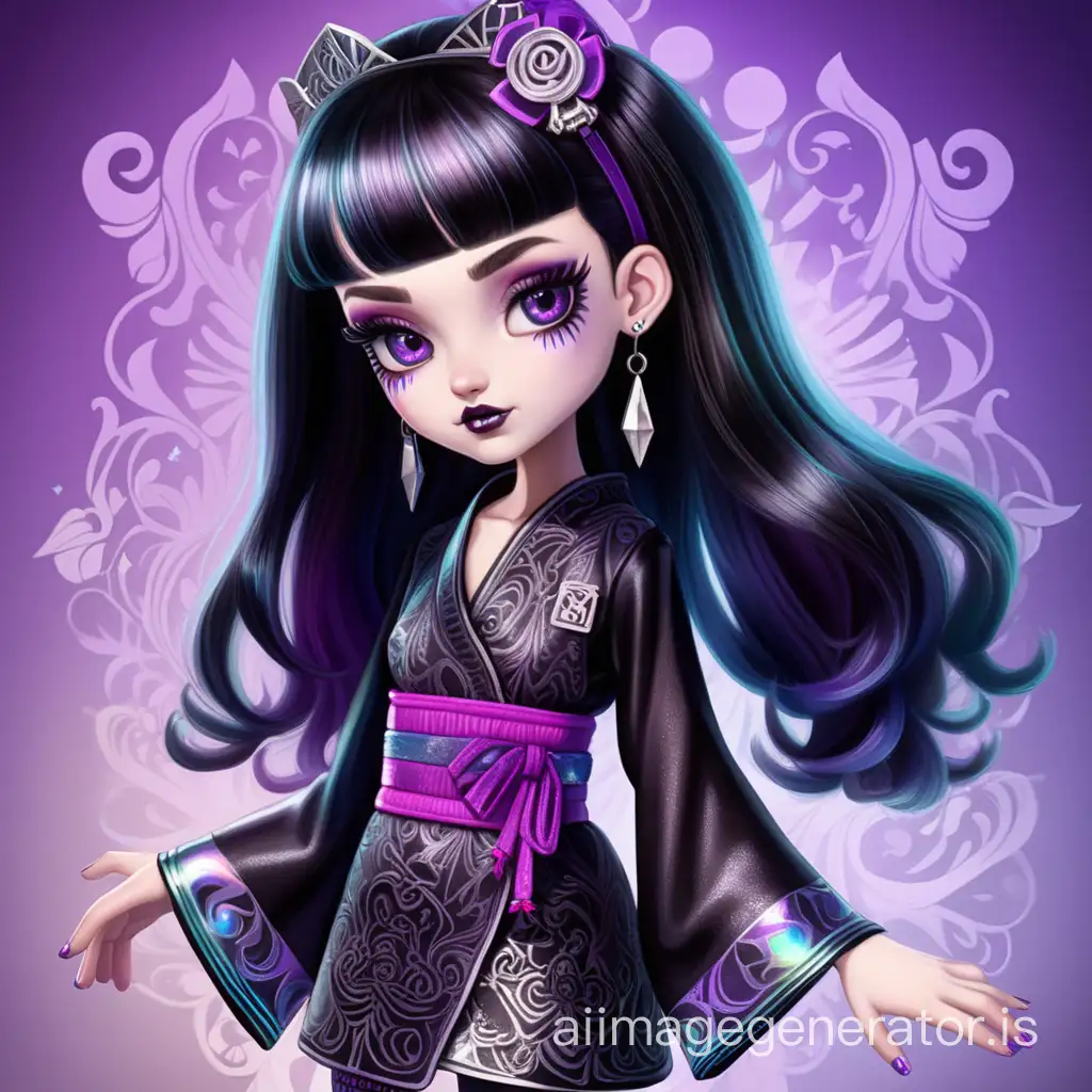 Ever after high series drawing style. Cute spaniard teen girl. Pale skin. Black straight hair. Lower scleral show small violet eyes. Cold hard gaze. Silk black iridescent holographic gothic rock punky short mix kimono dress, tights and heels. Fighting with excalibur. Proportioned complete body, small waist, head, neck, legs, feet. Extremely detailed skin, eyes, hair, hair locks, lips, body, clothes, fabrics, textures, shoes, colours, shadows and lights. SDXL. Without hair bangs.