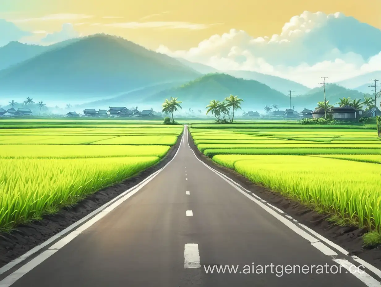 Scenic-Asphalt-Road-Through-Lush-Rice-Fields-on-a-Bright-Sunny-Day