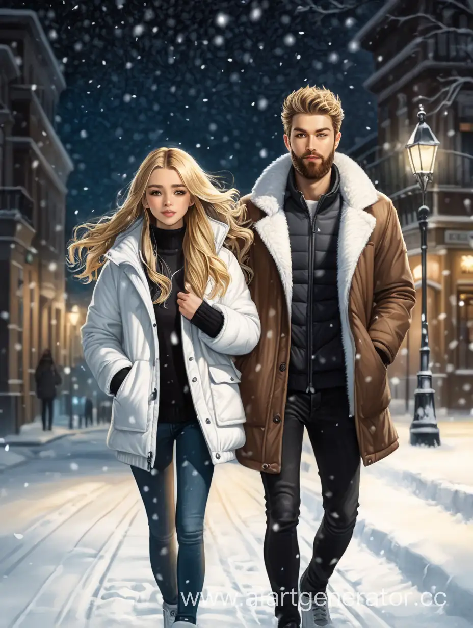 Enchanting-Winter-Stroll-Blonde-Girl-and-Brunette-Guy-Amidst-Snowfall