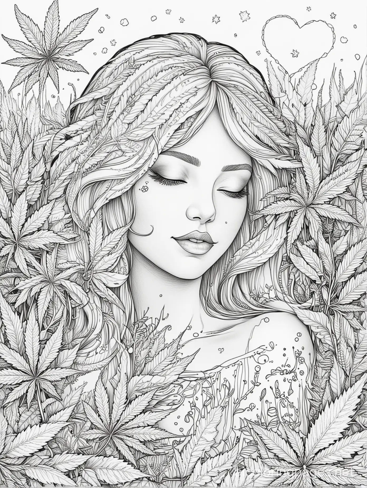 Marijuana-Love-Fantasy-Dream-Coloring-Page-for-Kids-Simple-Black-and-White-Line-Art-on-White-Background