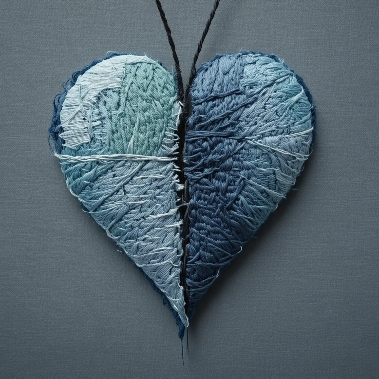 prompt: image, dark blue vibrant pastel half broken heart. bottom half of the heart has been sewn with a needle with black thread up to the middle of the heart