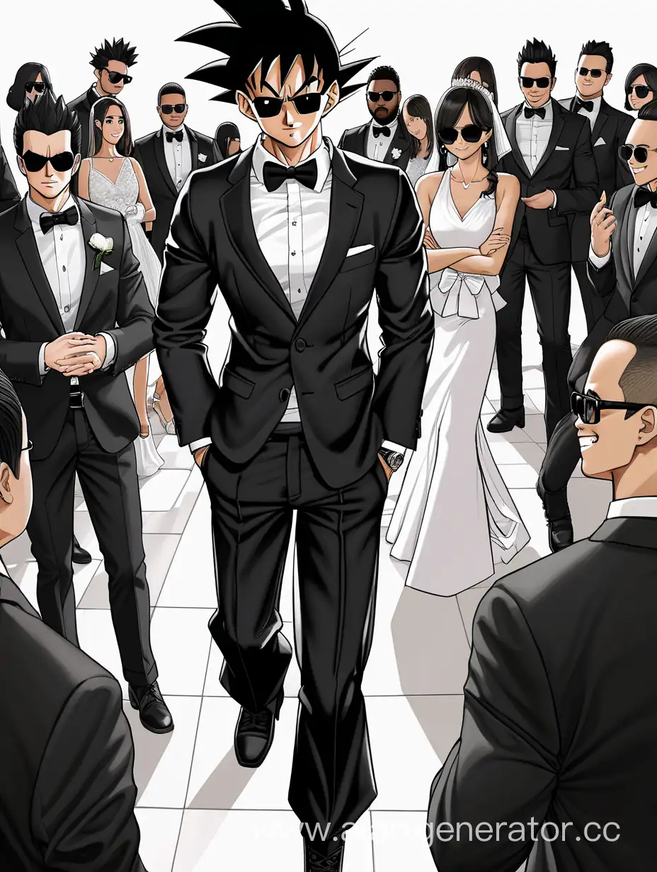 Goku, black eyes, black sunglasses, black jacket, white sweatshirt, black jeans, black boots, watch on his hand, black bow tie, smiling, business suit, in full growth, he is on wedding
