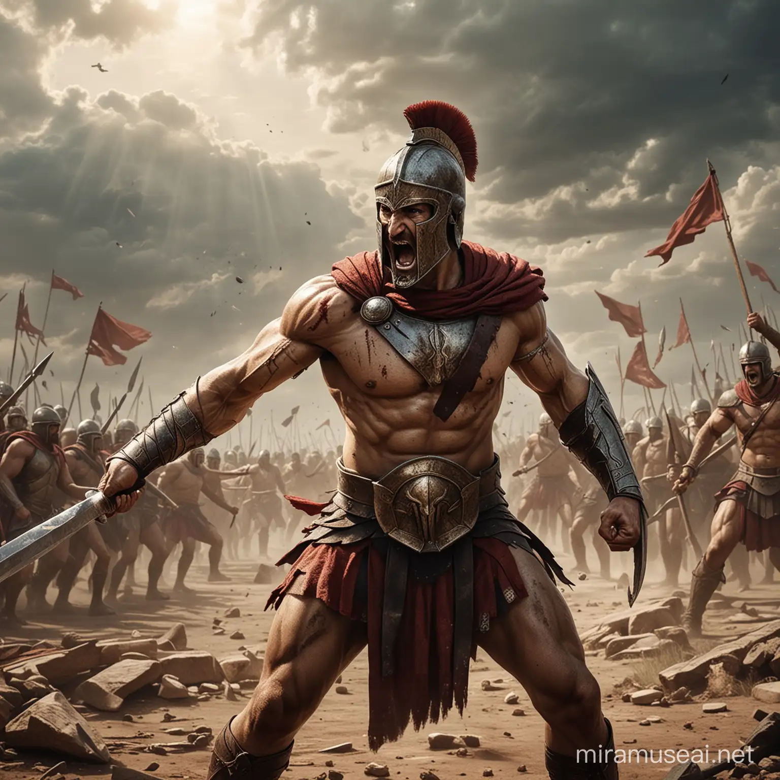 Draw a scene from a battle where a victorious Spartan expresses his will to win even in defeat. Show him in a fighting pose with a look of intensity on his face, with signs of struggle on his body and expressive gestures that convey his willpower.