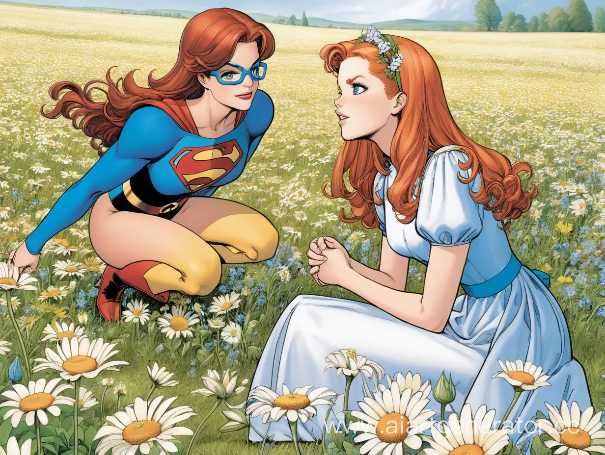 An image of the DC Comics characters Barbara Gordon and Kara Zor-El in a field of flowers, Kara has blonde hair and blue eyes and is kneeling, Kara is wearing a white spring dress with a red flower print, Barbara has red hair and green eyes, Barbara is wearing a white spring dress with a green flower print, Barbara is standing behind Kara while placing a crown of flowers on Kara's head, Kara is looking up at the crown with a pleased and surprised look on her face