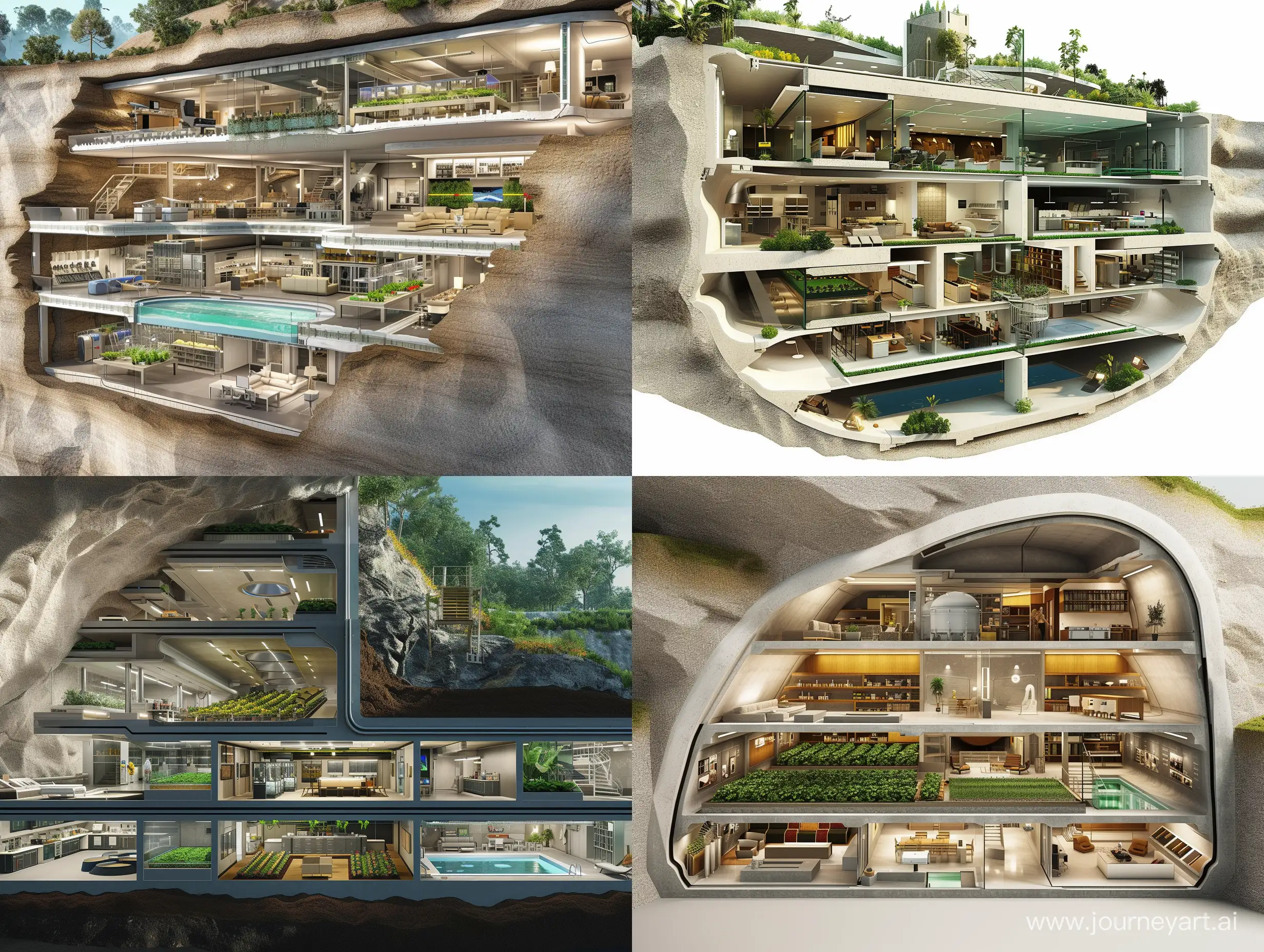 Cutaway side view of massive underground residence, includes living areas, entertainment areas, bedrooms, kitchens, indoor gardening for food production, swimming pool, mysterious laboratories; luxurious state of the art bunker.