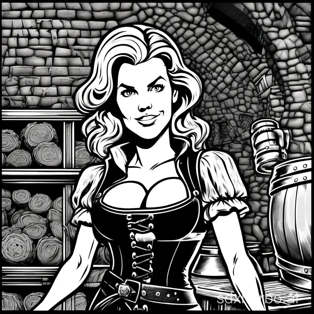 a fantasy Megyn Kelly tavern wench, 2bit bw, vector, no gradient, high contrast, darkness, visible crosshatch, black border, lowres, low detail, abstract, comic illustration art, classic AD&D, by Jeff Dee, by Erol Otus,