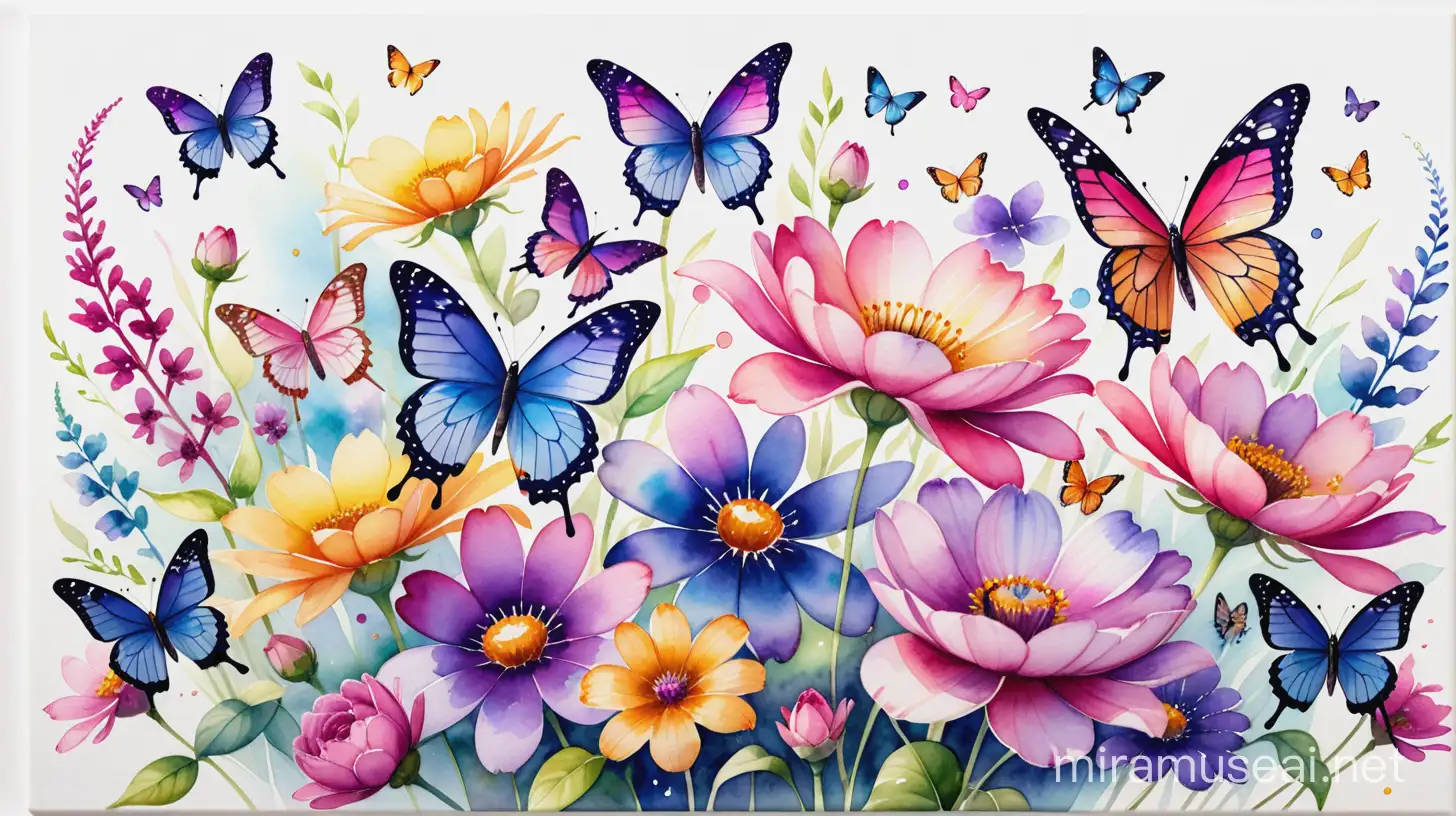 A stunning watercolour painting of vibrant, diverse flowers with delicate butterflies fluttering around them. The flowers bloom in a kaleidoscope of colors, including pink, purple, yellow, and blue. The butterflies dance gracefully, their wings shimmering like jewels. The white background creates a pristine, clean backdrop, allowing the colors and details of the flora and fauna to fully stand out and captivate the viewer.

