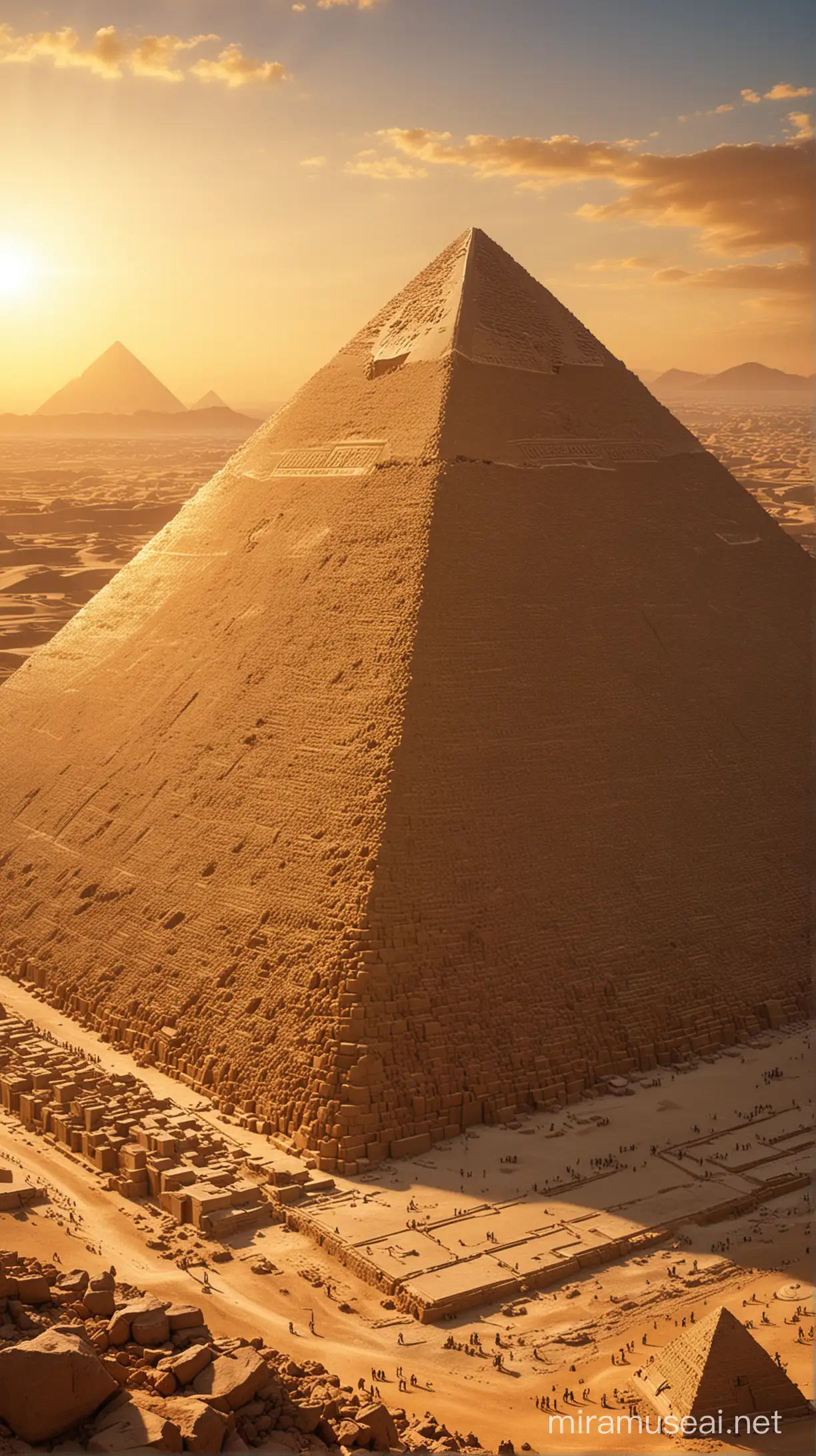 A hyper-realistic close-up of the Great Pyramid's peak in its prime. A gleaming golden pyramid-shaped capstone rests majestically on top, reflecting the rays of the setting sun.
