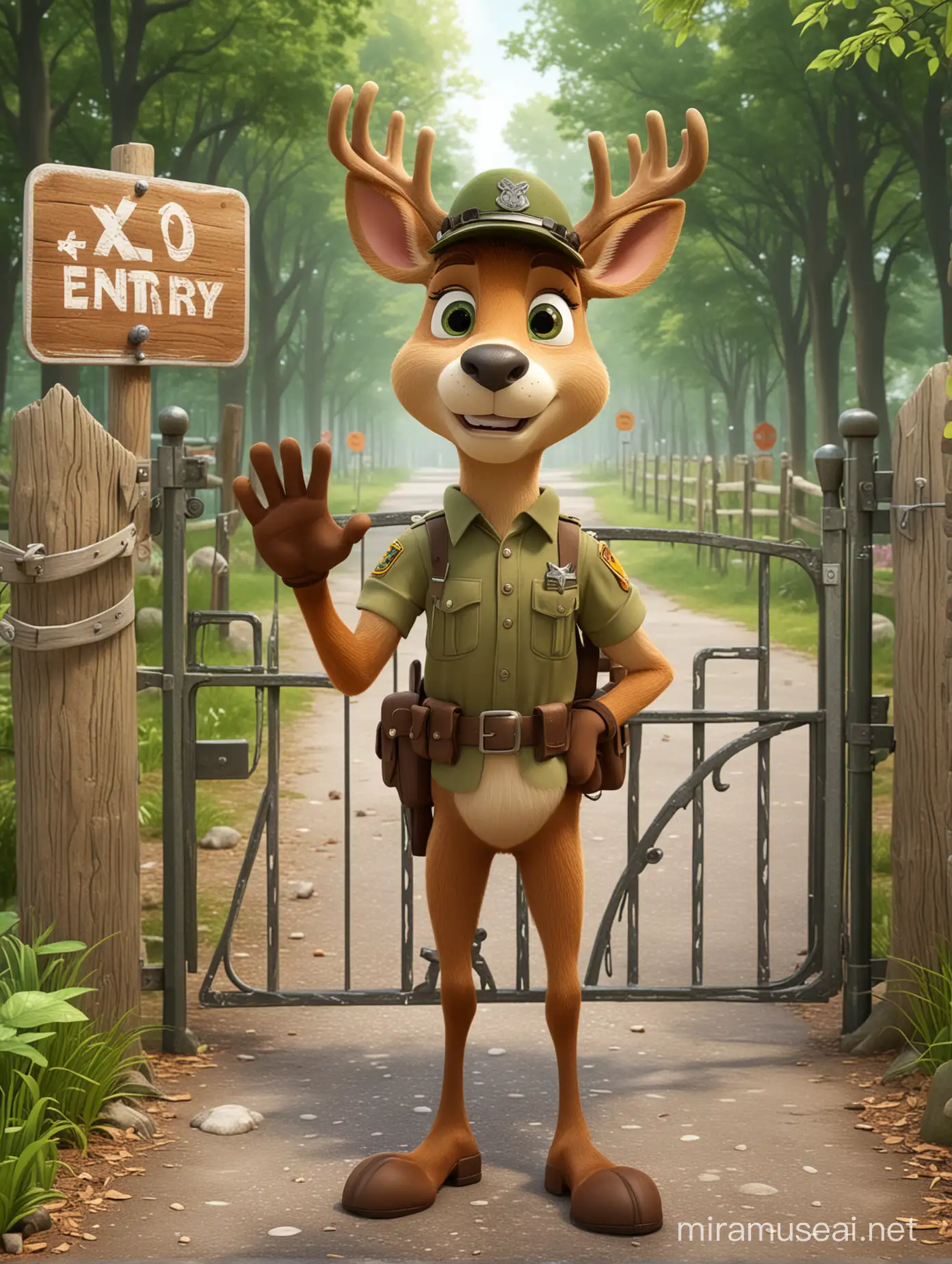 A 3D cartoon illustration showing an animated deer figure showing with X hands that there is no entry.  The character should be dressed in the uniform of a forest ranger for deer with white spots on his face and green eyes. The background should be a closed entrance gate to the park and on the gate there should be a No Entry sign.  