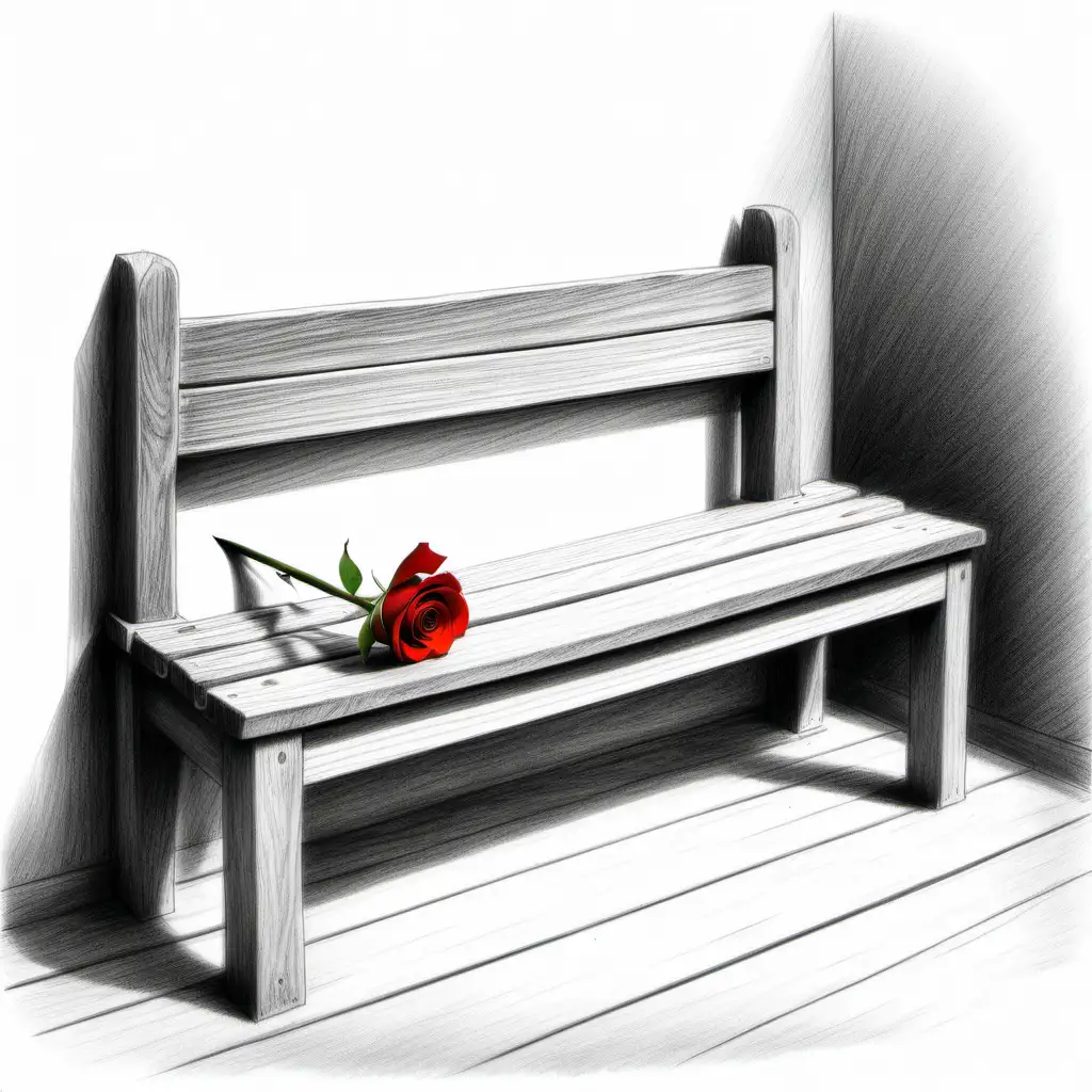 Bleistiftzeichnung einer Holzbank, mit einer einzelnen abgeschnittenen rote Rose, die darauf liegt, hohe Qualität, traditionelle Kunst, romantisch, sehr einfach, romantische Atmosphäre