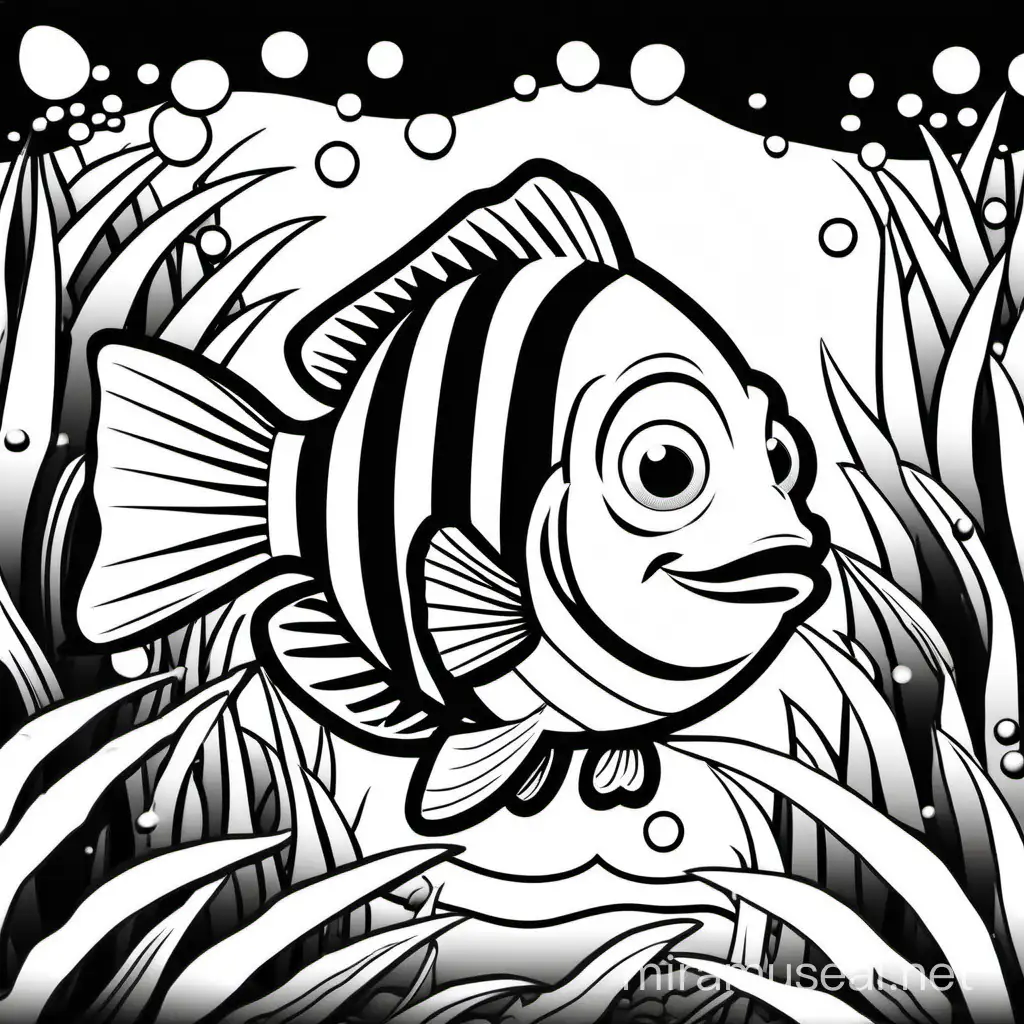 "An black and white colouring page for 3-5 years old kids. No detail, No shadow. A cute Nemo fish--AR2:3--V5"