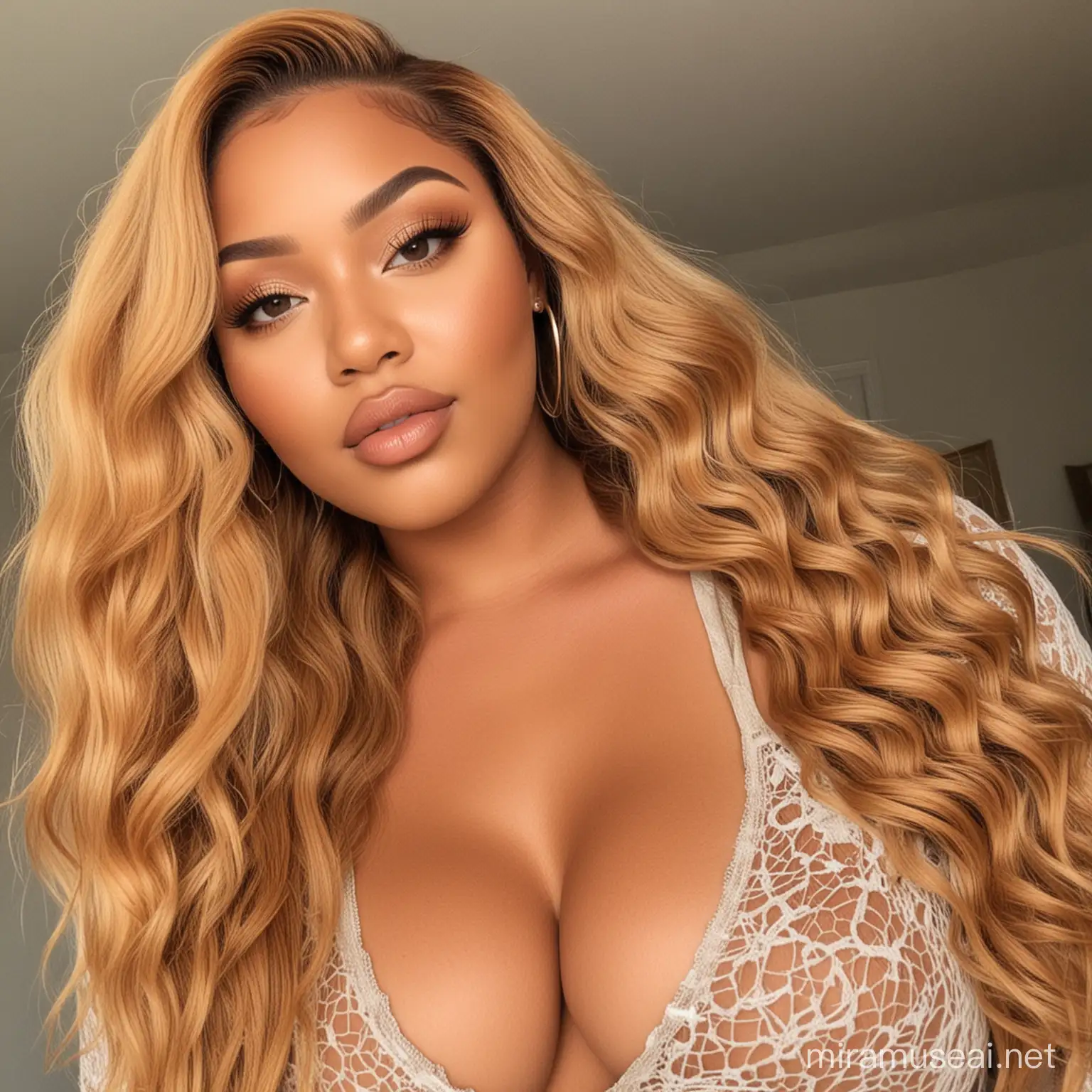 Image prompt/: generate pictures full body of a light skinned south african curvy, thick, plus size girl that looks like me, with a straight bronze glow hd lace front weave, golden honey thirst trap