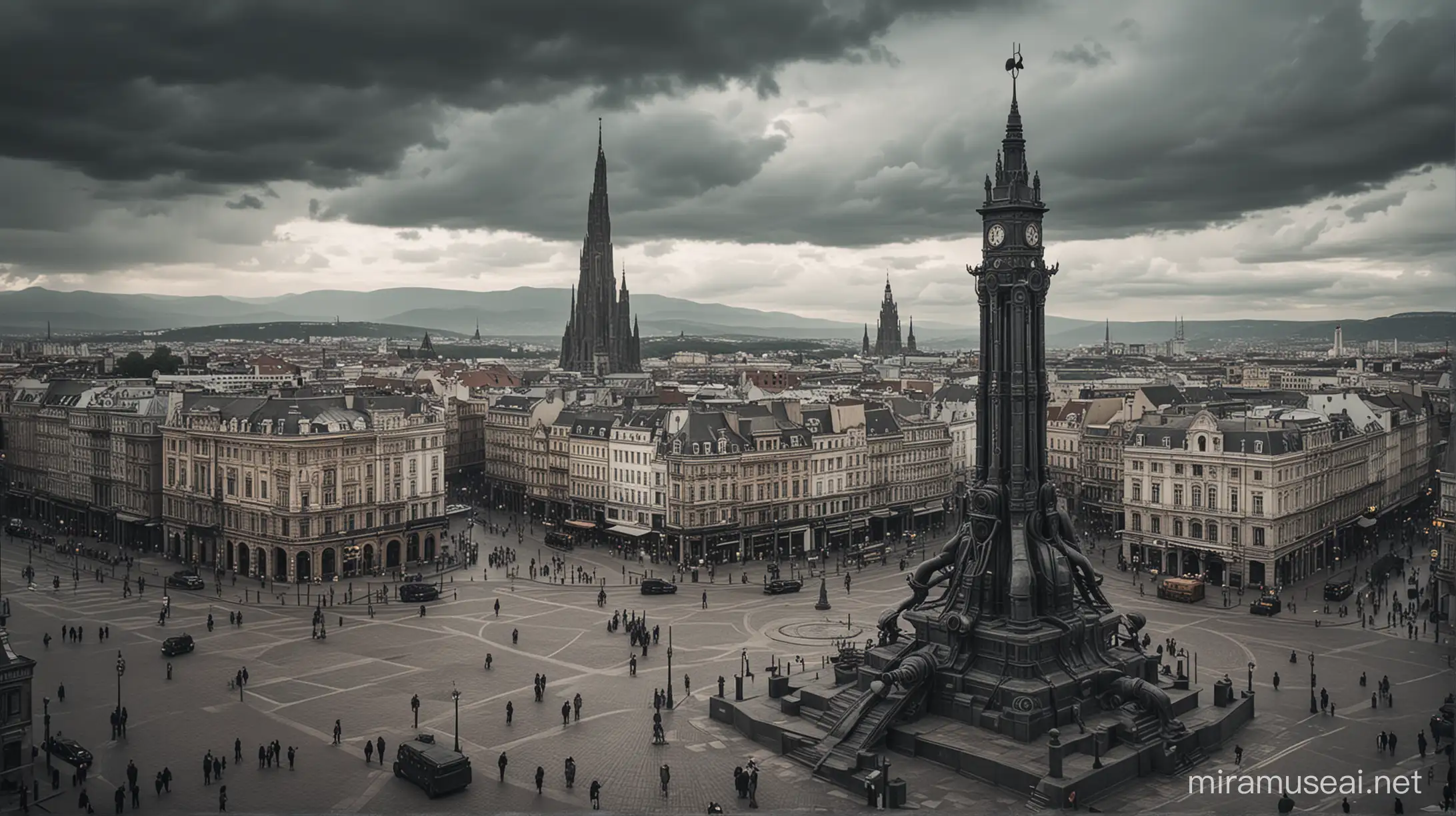 the monument of an alien on the main square of a steampunk city. distant view from a high building. dark. cloudy.