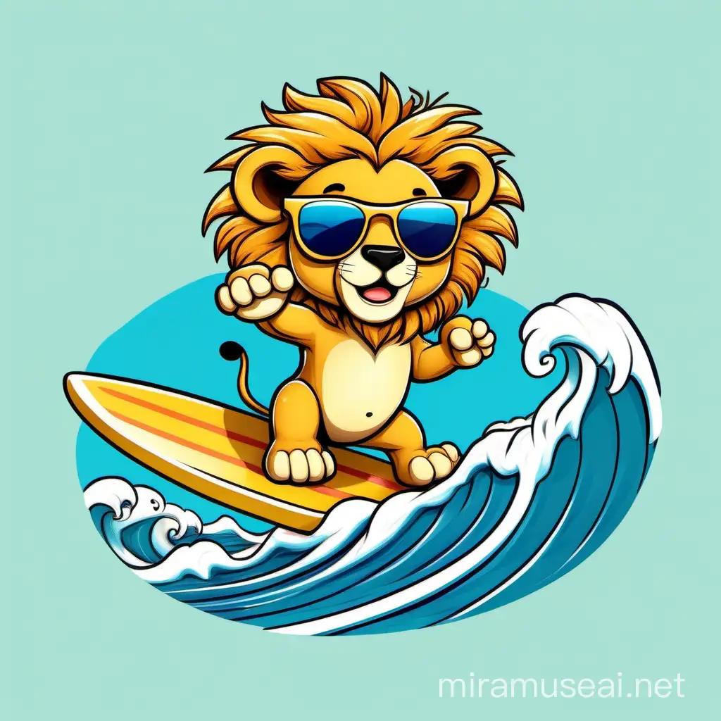 Chill Baby Lion Surfing on Golden Wave with Sunglasses