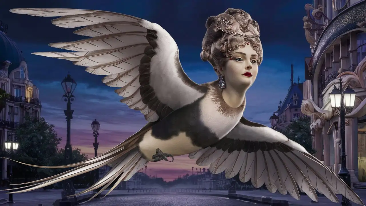 A large swallow bird with the head of a woman from Belle époque in Paris, with large wings. We see her in full height. In the style of realism, 3D animation.In the style of art nouveau, 3D animation.