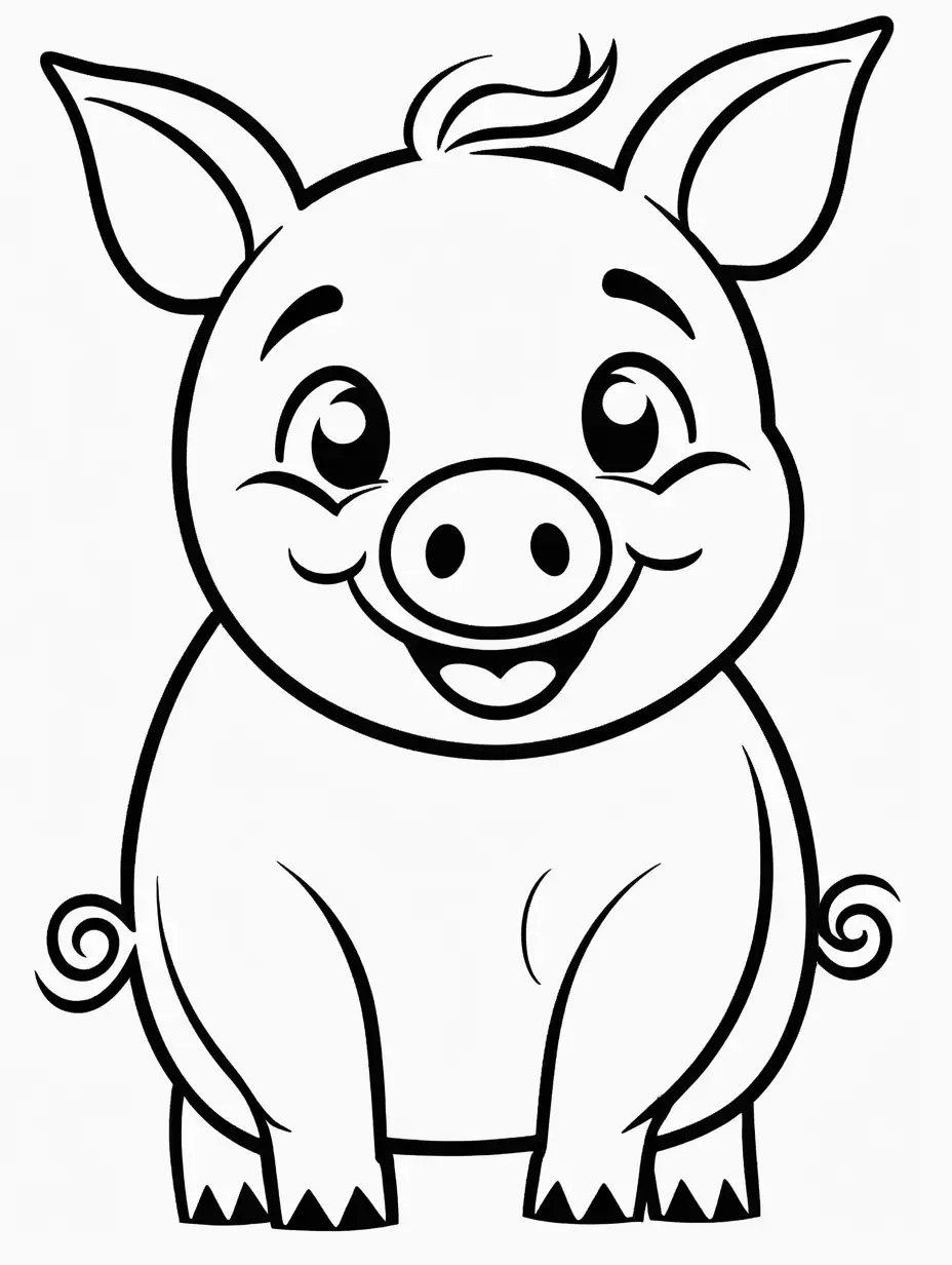Very easy coloring page for 3 years old toddler. Cartoon smile  pig. Without shadows. Thick black outline, without colors and big  details. White background.