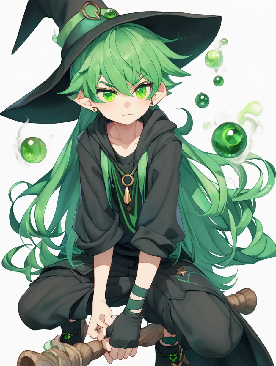 Enchanting GreenHaired Witch Boy in Mystical Forest