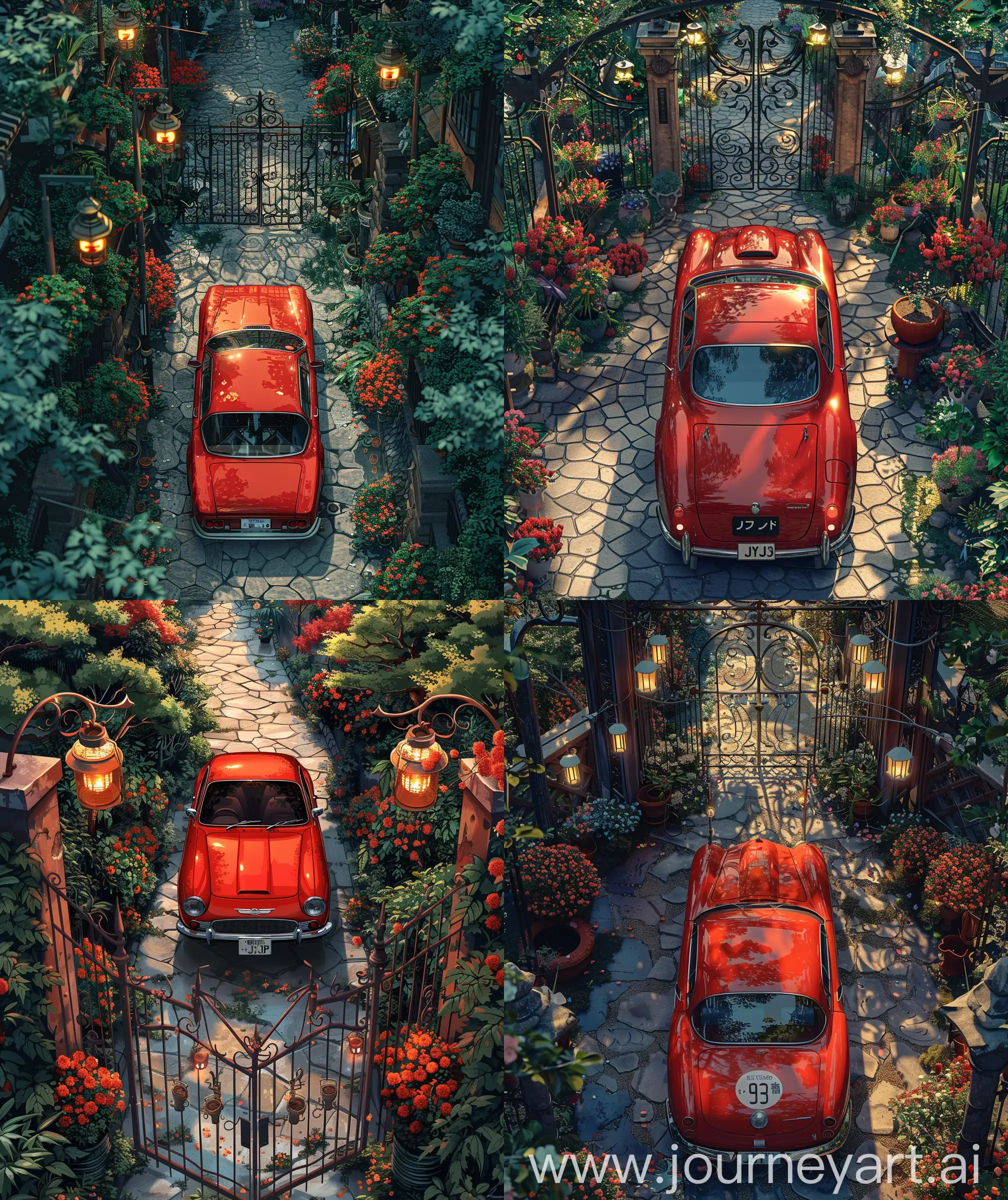 Anime style, illustration beautiful aerial view of vintage red JDM car, background beautiful iron gate decorating with flowers, stone path leading the car,  ultra hd, High quality resolution, anime vintage style, day time, flowers, hanging lights and pot, illustration --ar 27:32 --s 400