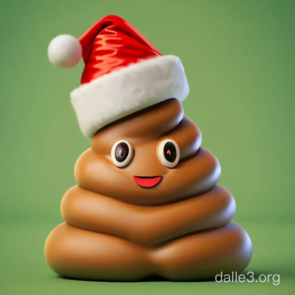 A poo with a smiley face wearing a Santa hat