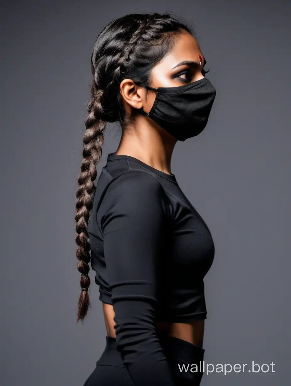 Indian-Woman-with-Short-Braided-Hair-Wearing-Black-Mask-and-Pants-in-Side-Profile