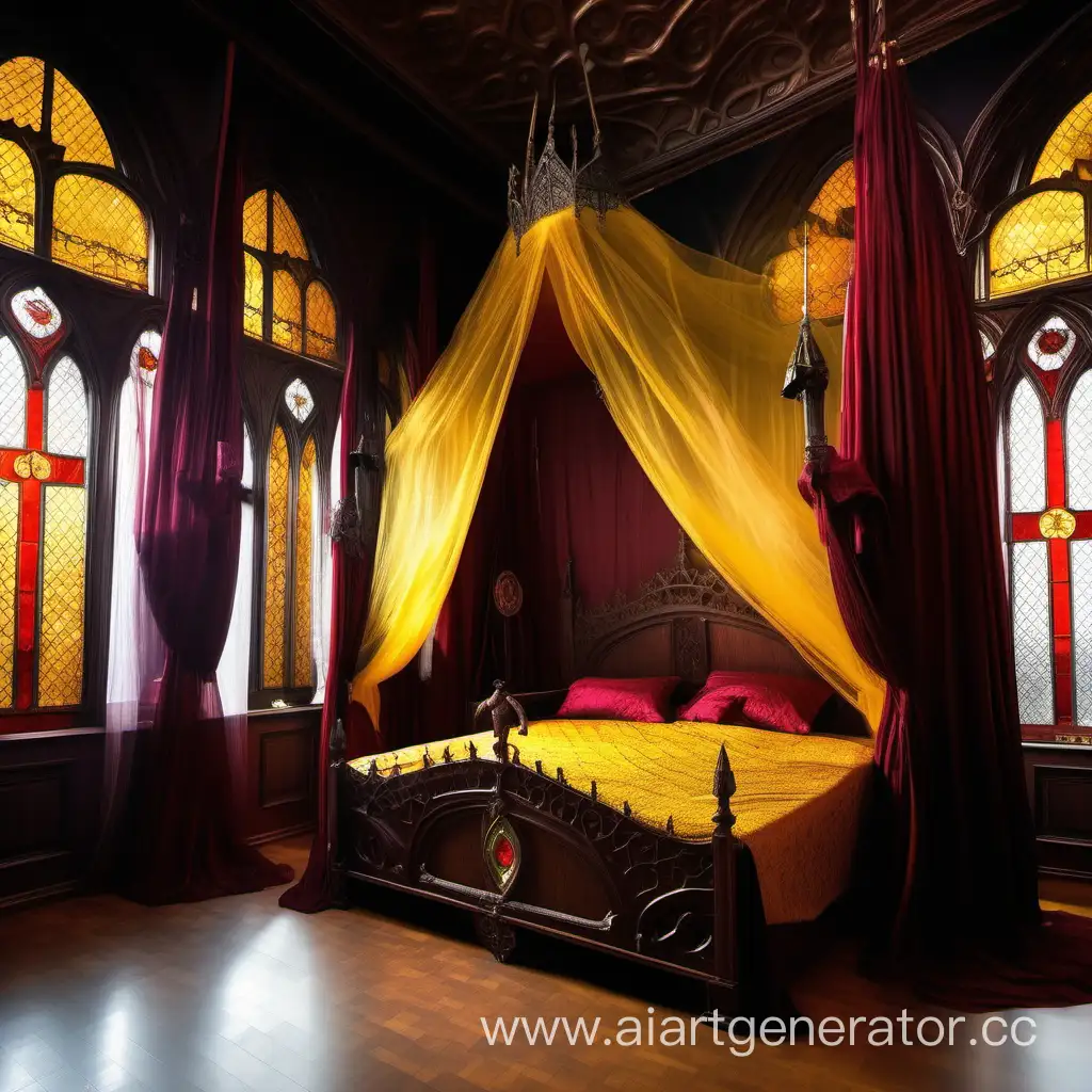 Спальня короля тьмы с желтыми витражными окнами в восточном и готическом стиле  средневековье 80 х. Над кроватью шторы шелковые. Кровать в восточном стиле а над ней тюль прозрачная . Кровать  темно бардового цвета . Огромная кровать


