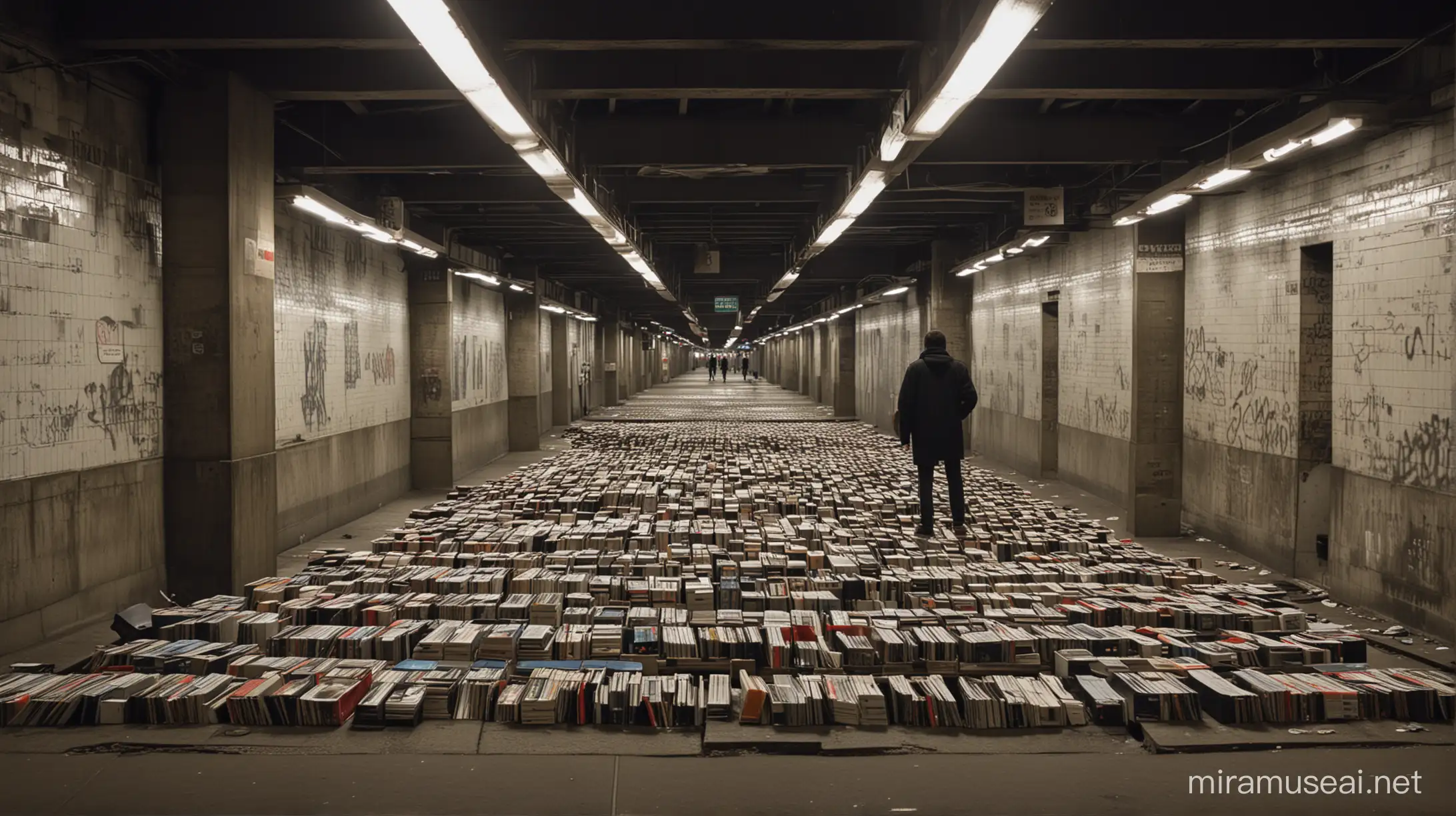 Urban Scene Under Elevated Subway Tracks with Infinite Shelf of Records