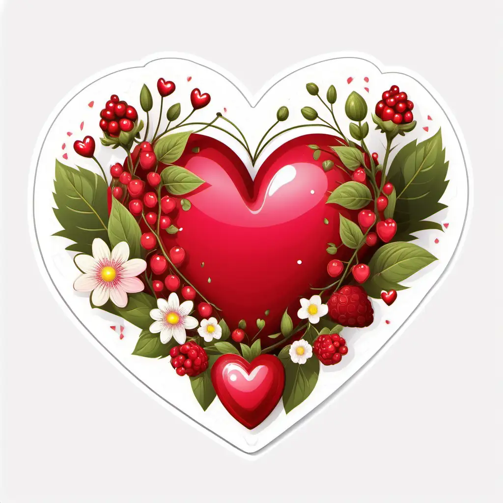 Enchanting Fairytale Valentine Heart with Berry Red Flowers Vector Sticker