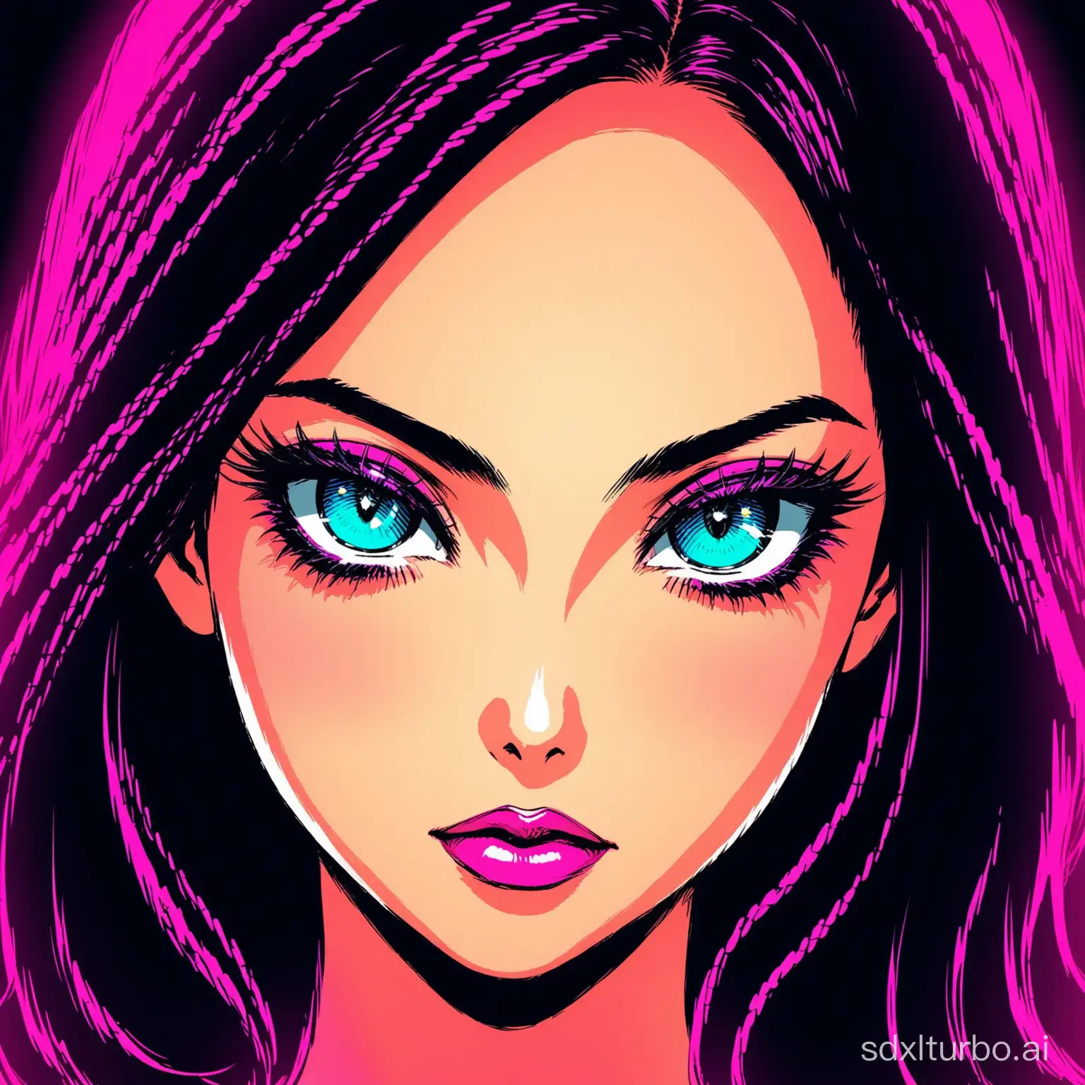 Neon-Pop-Art-Portrait-of-a-Woman-with-Dark-Comic-Style-Eyes