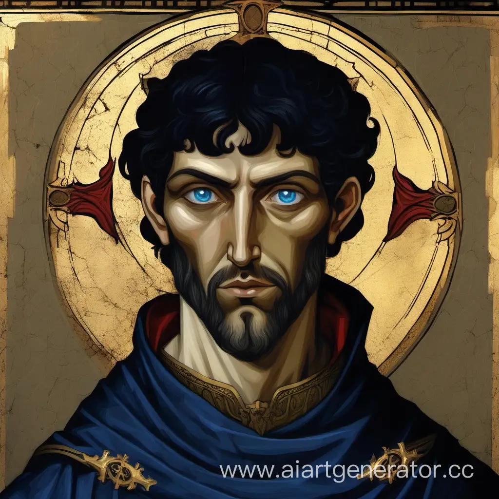 man, guy, stern, cold, severe, male, short black hair, bob hairstyle, blue eyes, halo, dark coat, medieval painting style, middle age painting, Byzantine Art style