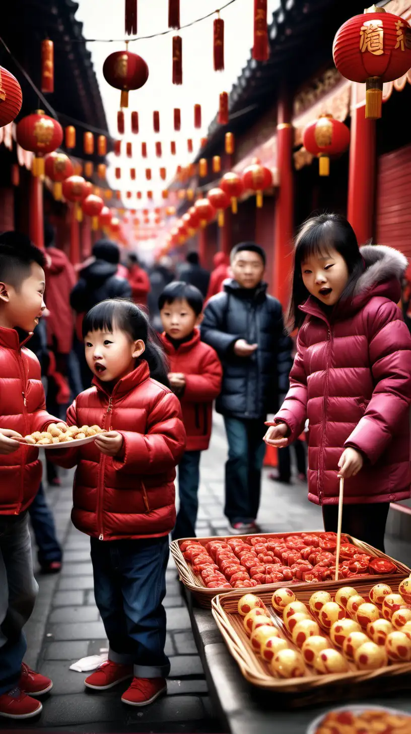 Joyful Chinese New Year Celebration with Realistic People and Traditional Stalls