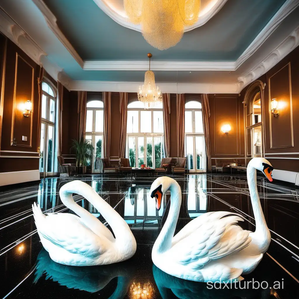 Elegant-Swan-Pair-Gracefully-Adorn-Luxurious-Hotel-Setting