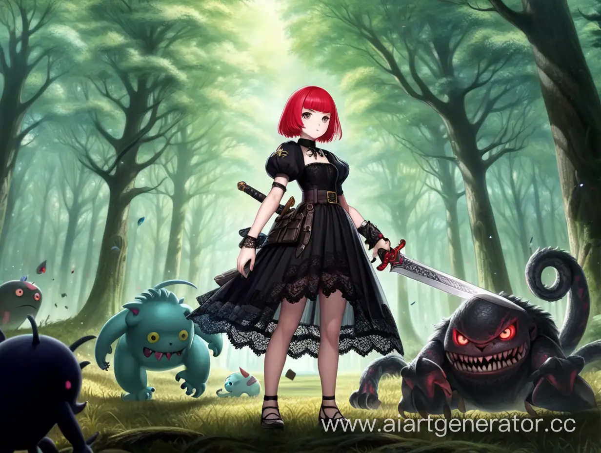 Аниме девушка с красным каре, черным круживным платьем и большим мечем в руке, с монстрами в лесу