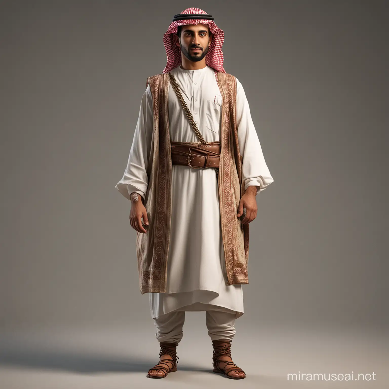 Create a 3D realistic character of a Saudi man in local traditional wear. the image should be full length from head to toe with plain backround
