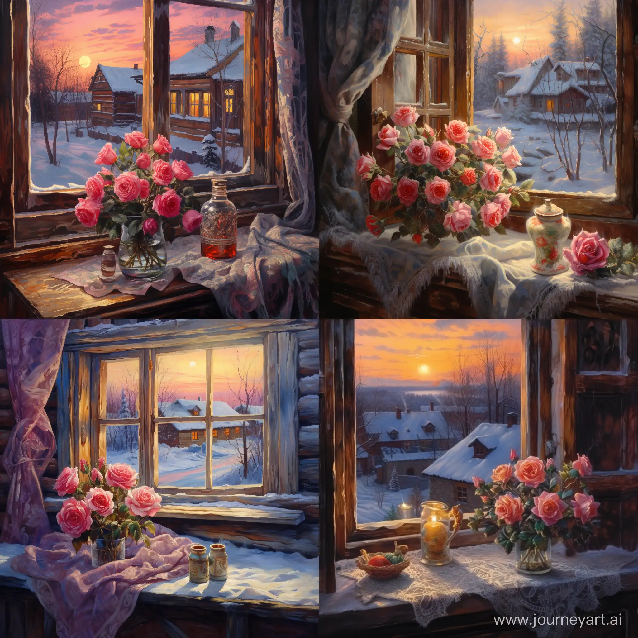 роза на подоконнике, в окне ночной зимний пейзаж, русская деревня, свет в окнах домов