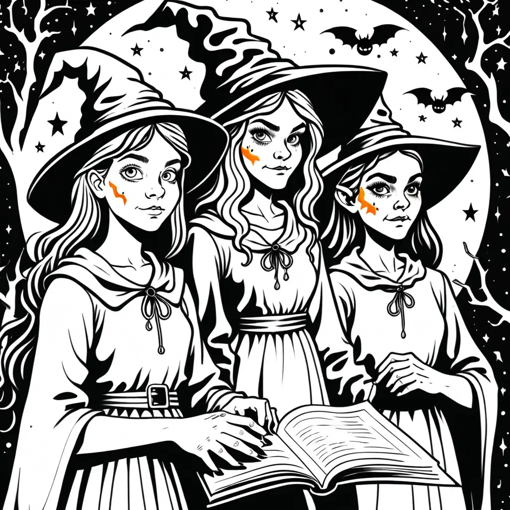 a simple black and white coloring book image, of older teen witches  