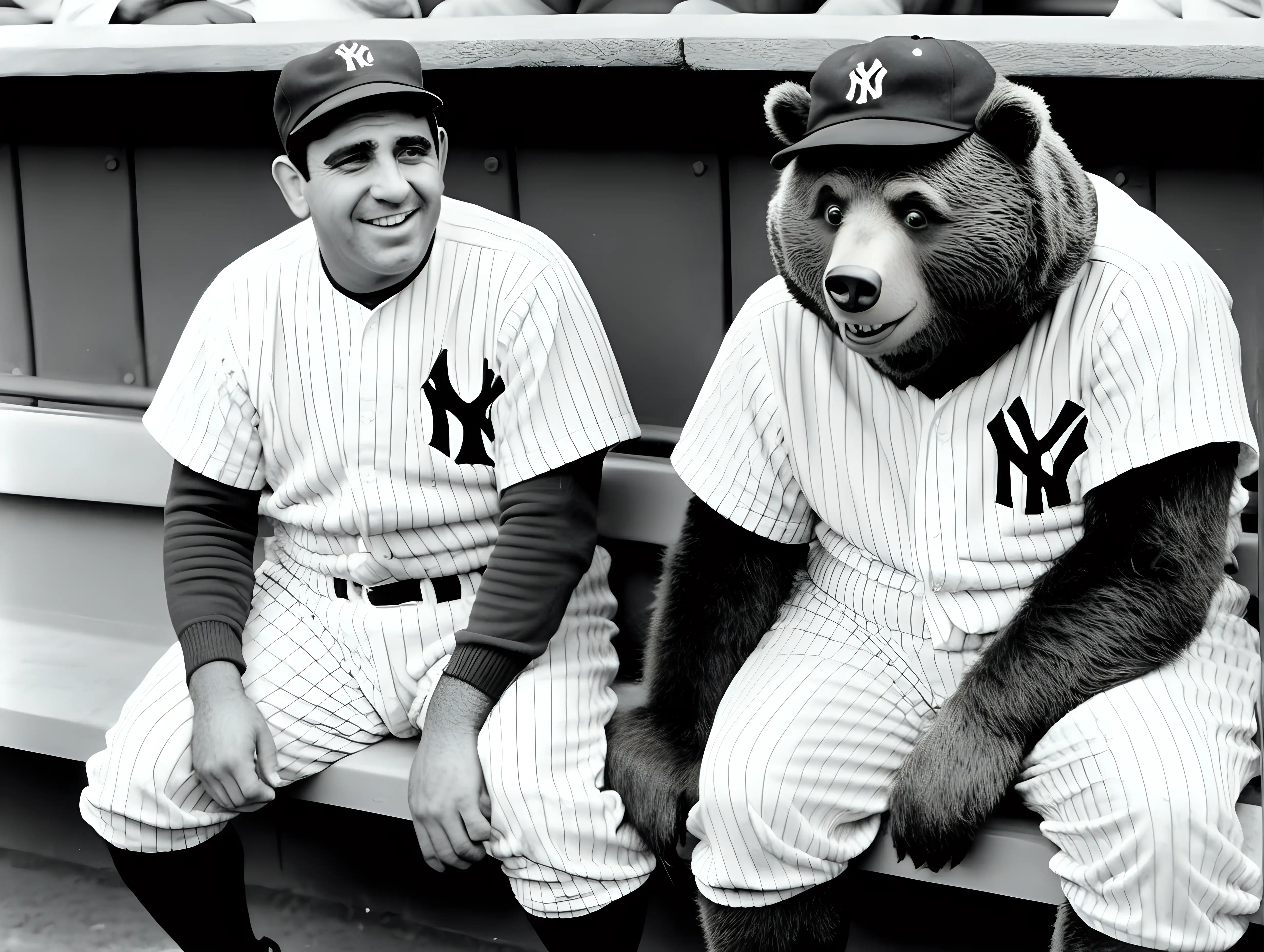 Yogi the Bear and Yogi Berra sitting on the bench in the dugout in Yankee Stadium 1951