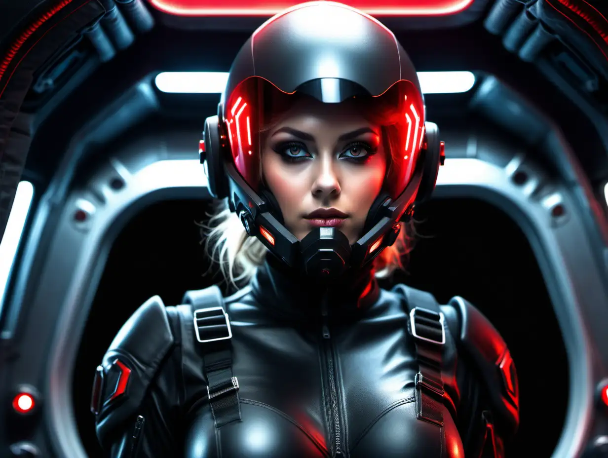 Beautiful Nordic woman, very attractive face, detailed eyes, big breasts, dark eye shadow, dressed in a black futuristic flight suit with red lights, wearing a closed helmet with visor covered face, close up, soft light on face, rim lighting, facing away from camera, looking back over her shoulder, standing in a futuristic cockpit , photorealistic, very high detail, extra wide photo, full body photo, aerial photo