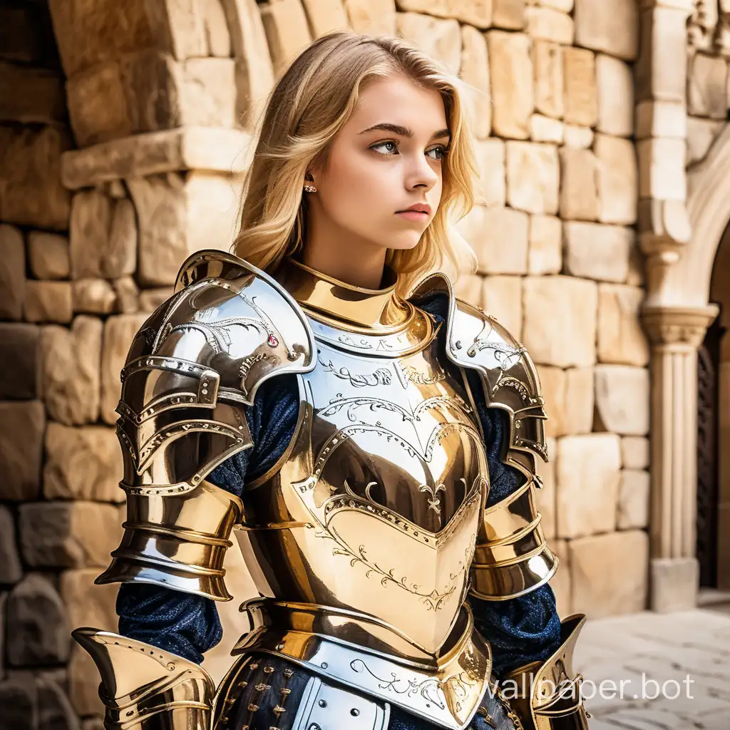 girl, blonde, 25 years old, girl knight, girl in armor, golden armor with patterns and inlaid stones, against a stone masonry backdrop 15 meters away