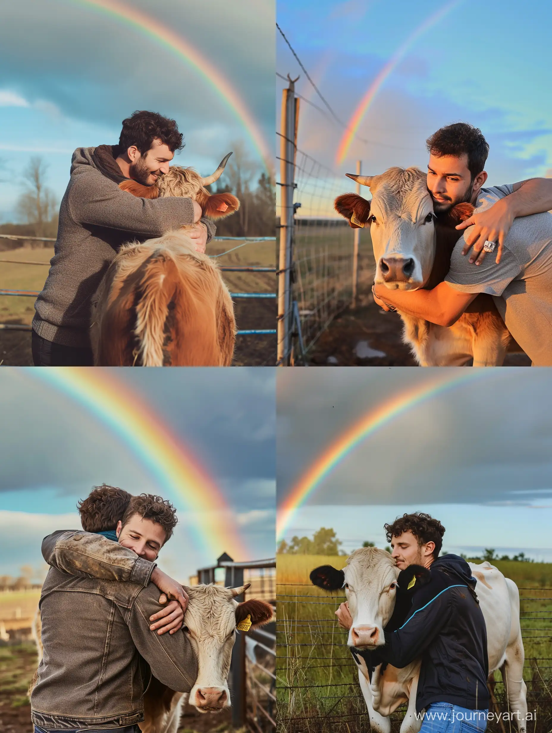 An attractive man hugging a cow, rainbow in the sky