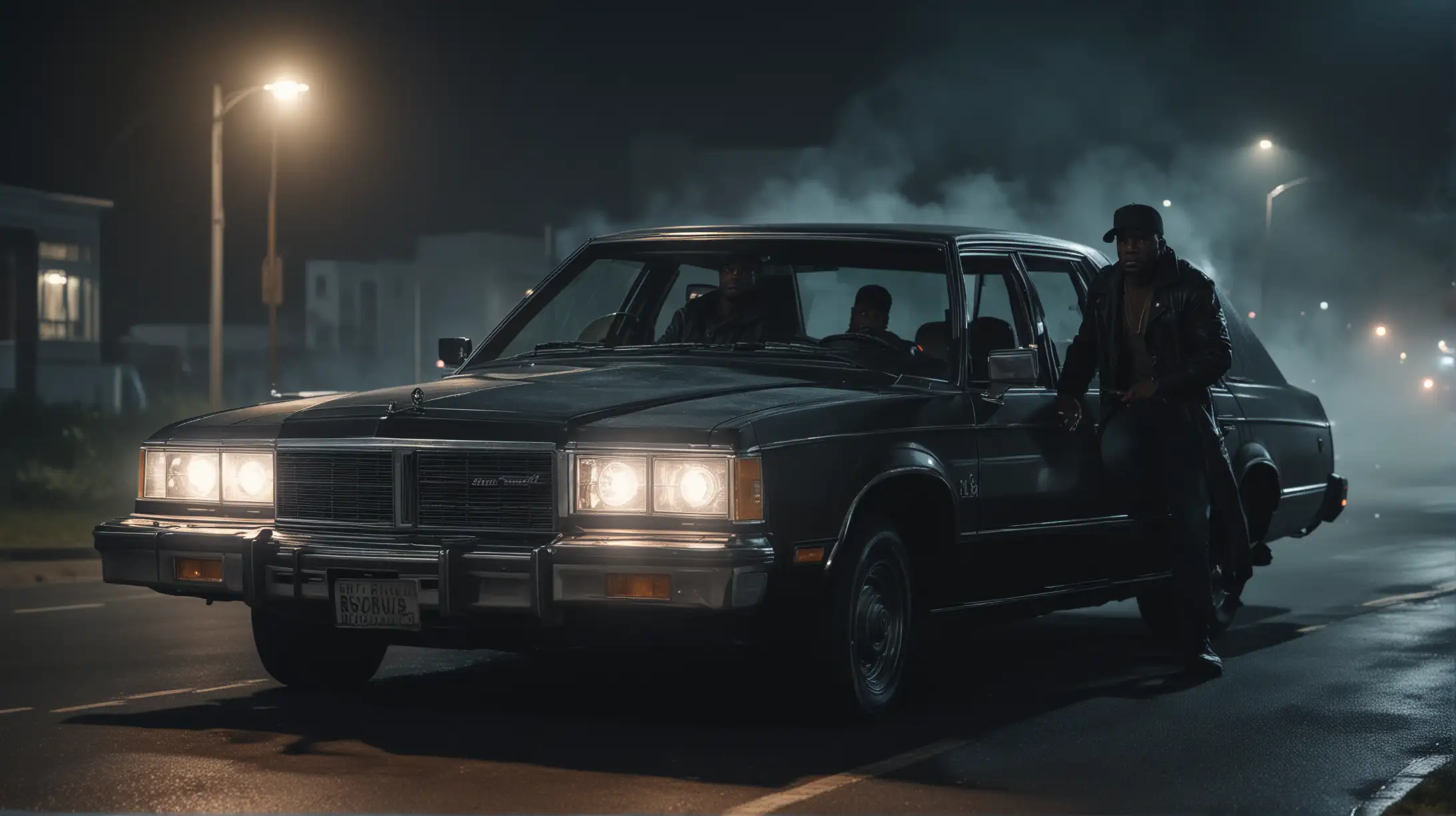 Generate a cinematic, realistic image of two black henchmen riding in an 80s sedan. Make it the middle of the night and show them  from the inside of the car