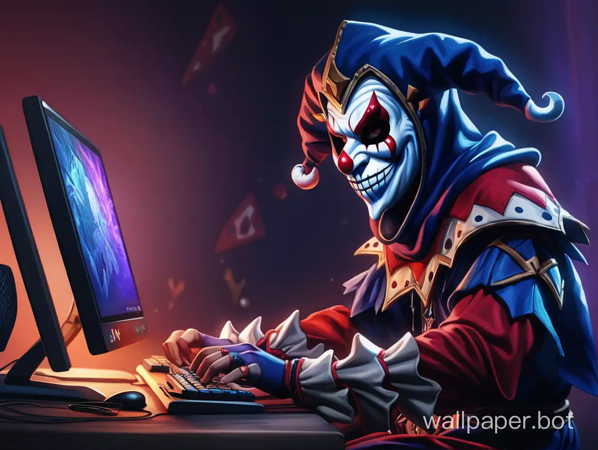 Jester, a spirit, a gamer, wearing a mask sitting at a gaming computer