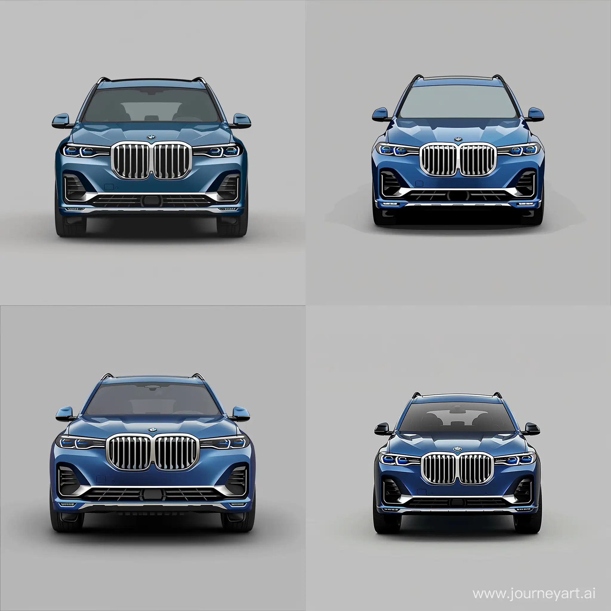 Minimalism 2D Illustration Car of Front View, BMW X7: Blue Body Color, Simple Gray Background, Adobe Illustrator Software, High Precision