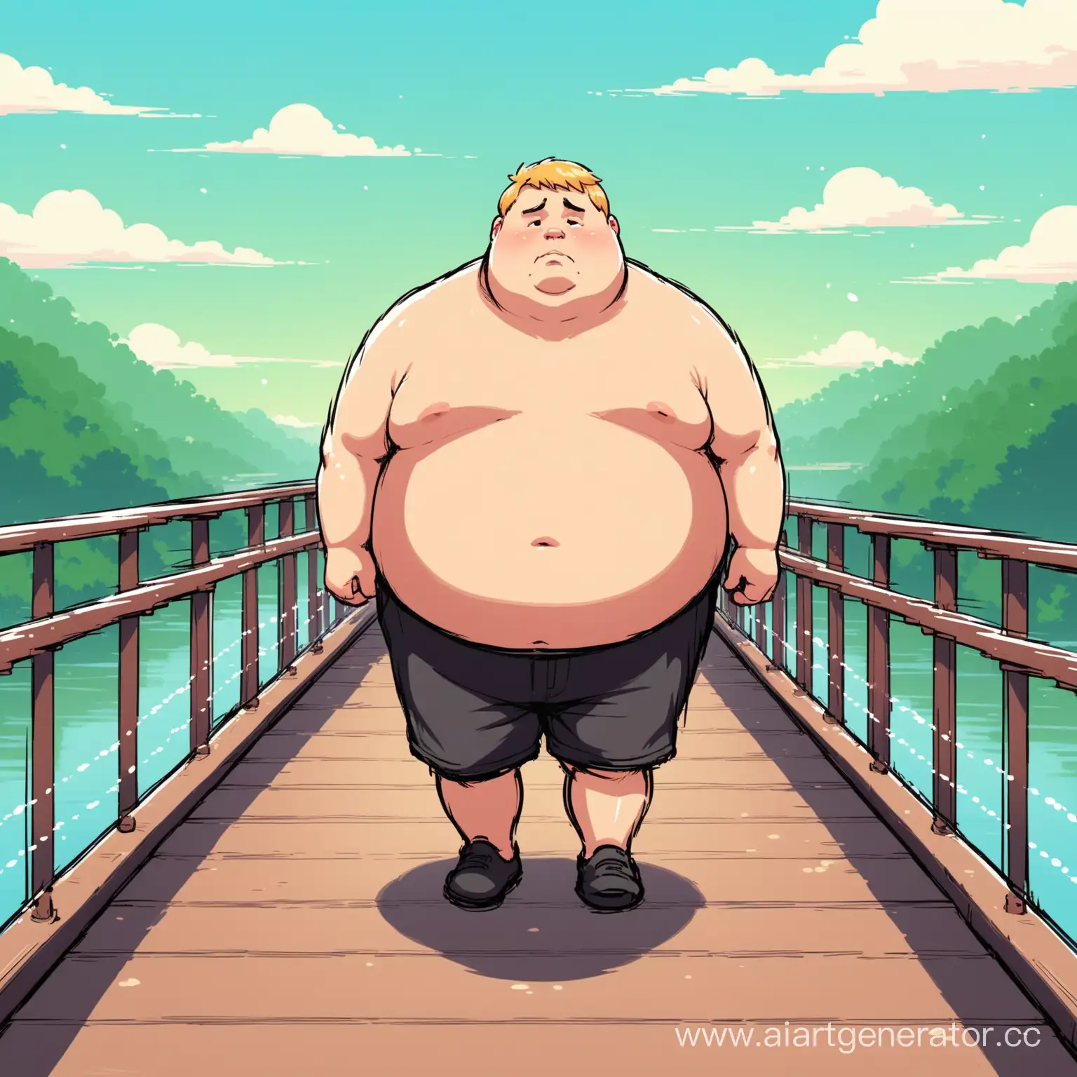 Беловолосый толстый парень гуляет по мосту в одиночестве и грустит.