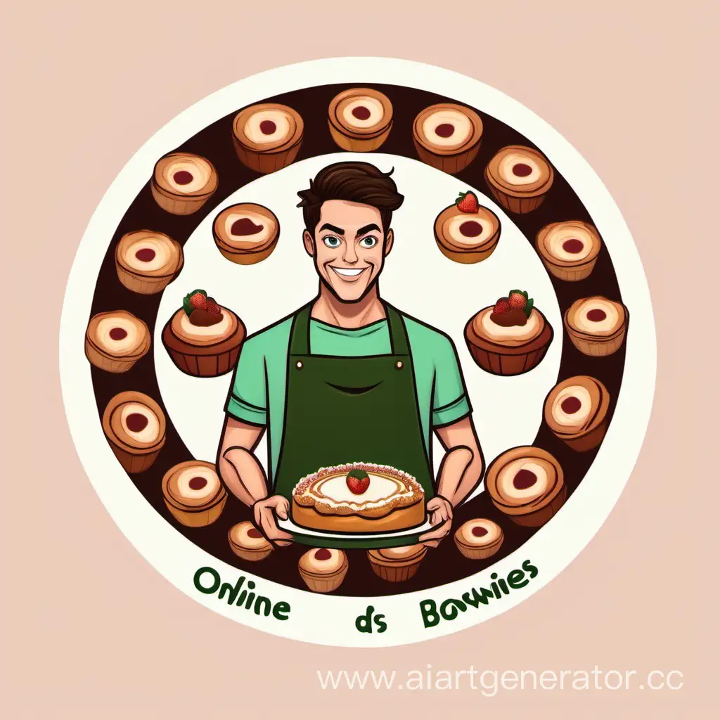 эмблема онлайн пекарни сладких пирогов и брауни с геем с темно зелеными глазами и щетиной  в круге внешний фон белый