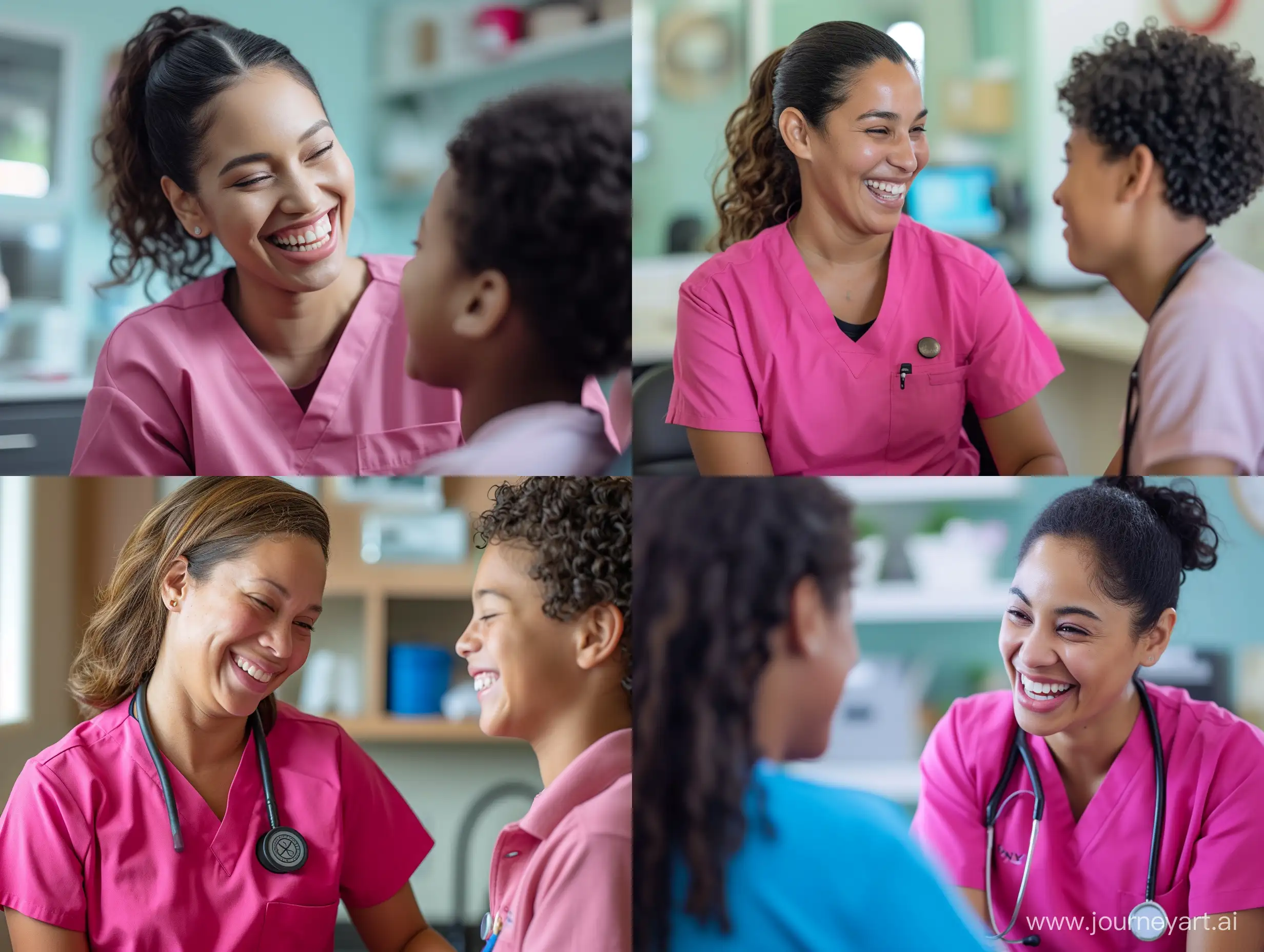  A kind female doctor wearing a pink scrub top happily examining a young smiling patient at an upbeat community health clinic, caring, joy, healthcare, clinical, Sony α7R IV, f/1.8 lens, portrait, --style raw --ar 4:3 --v 6